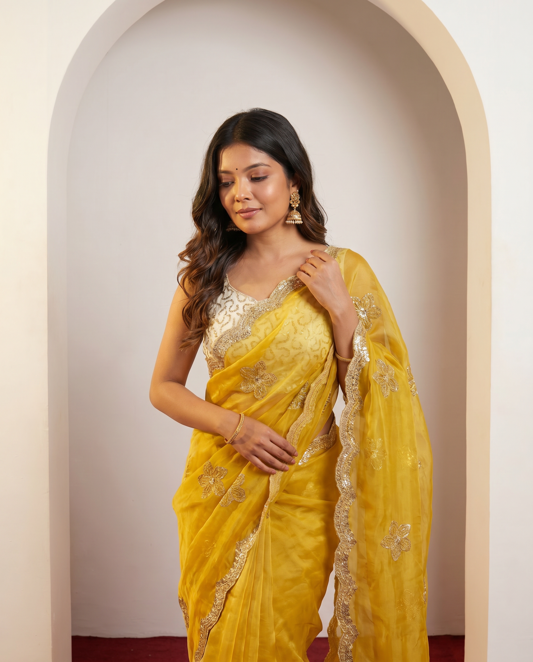 Elegant Mustard Yellow Embroidered Saree with Golden Designer Border – Festive & Party Wear - output 0 - 04 upper closeup