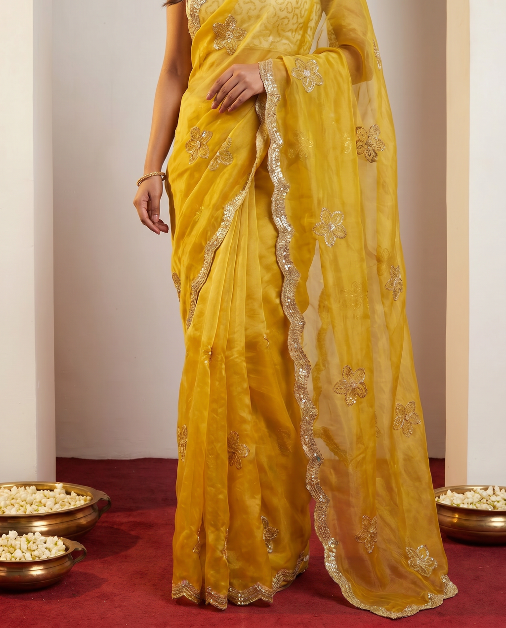 Elegant Mustard Yellow Embroidered Saree with Golden Designer Border – Festive & Party Wear - output 0 - 05 lower closeup