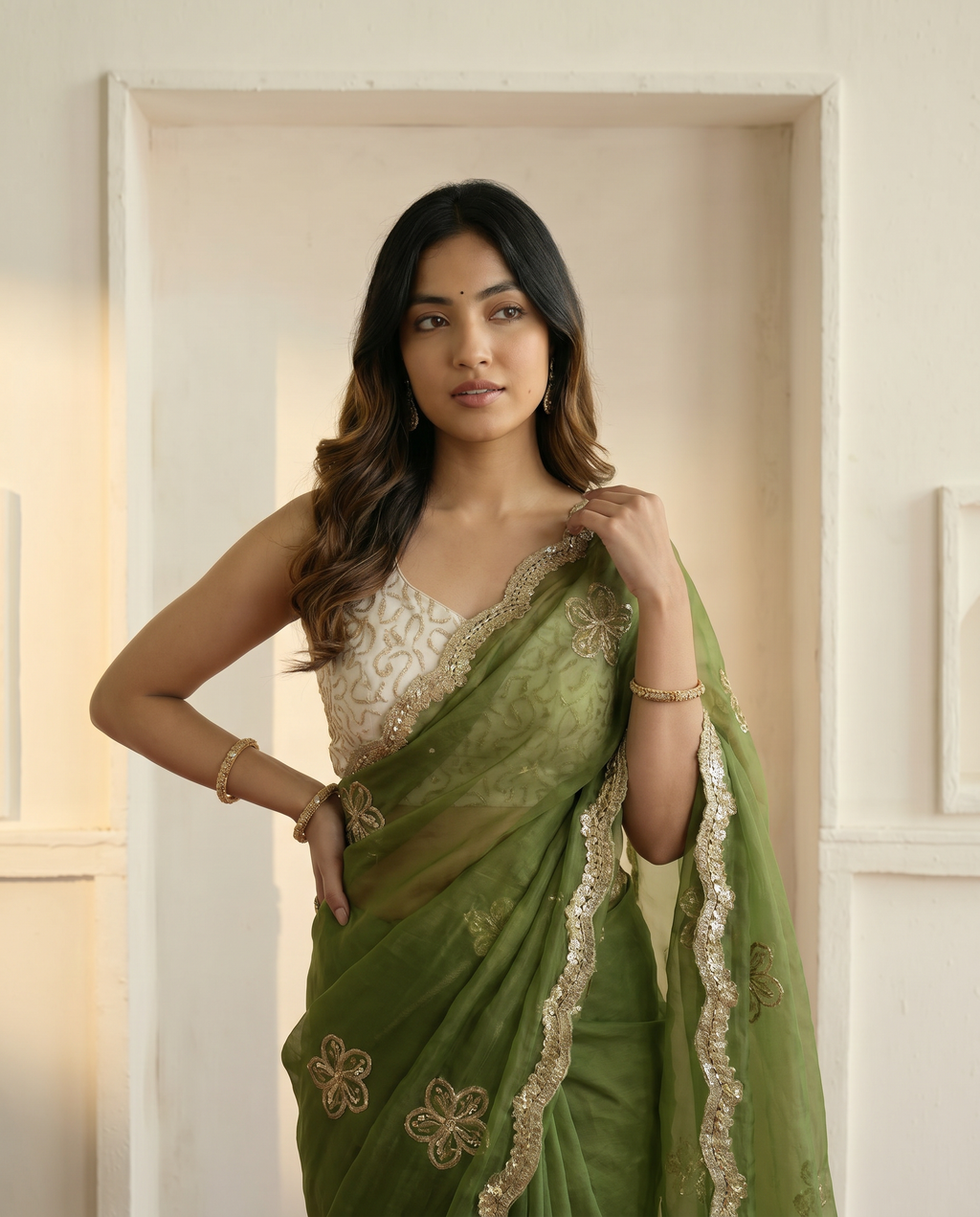 Elegant Mustard Yellow Embroidered Saree with Golden Designer Border – Festive & Party Wear - output 1 - 04 upper closeup