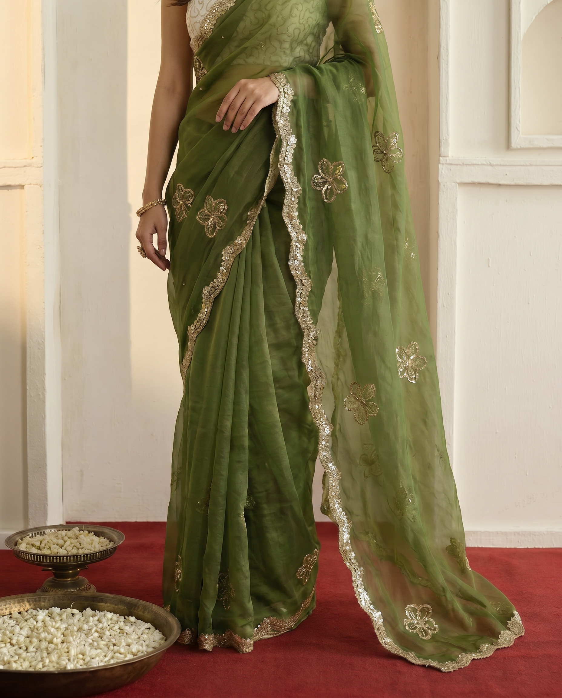 Elegant Mustard Yellow Embroidered Saree with Golden Designer Border – Festive & Party Wear - output 1 - 05 lower closeup