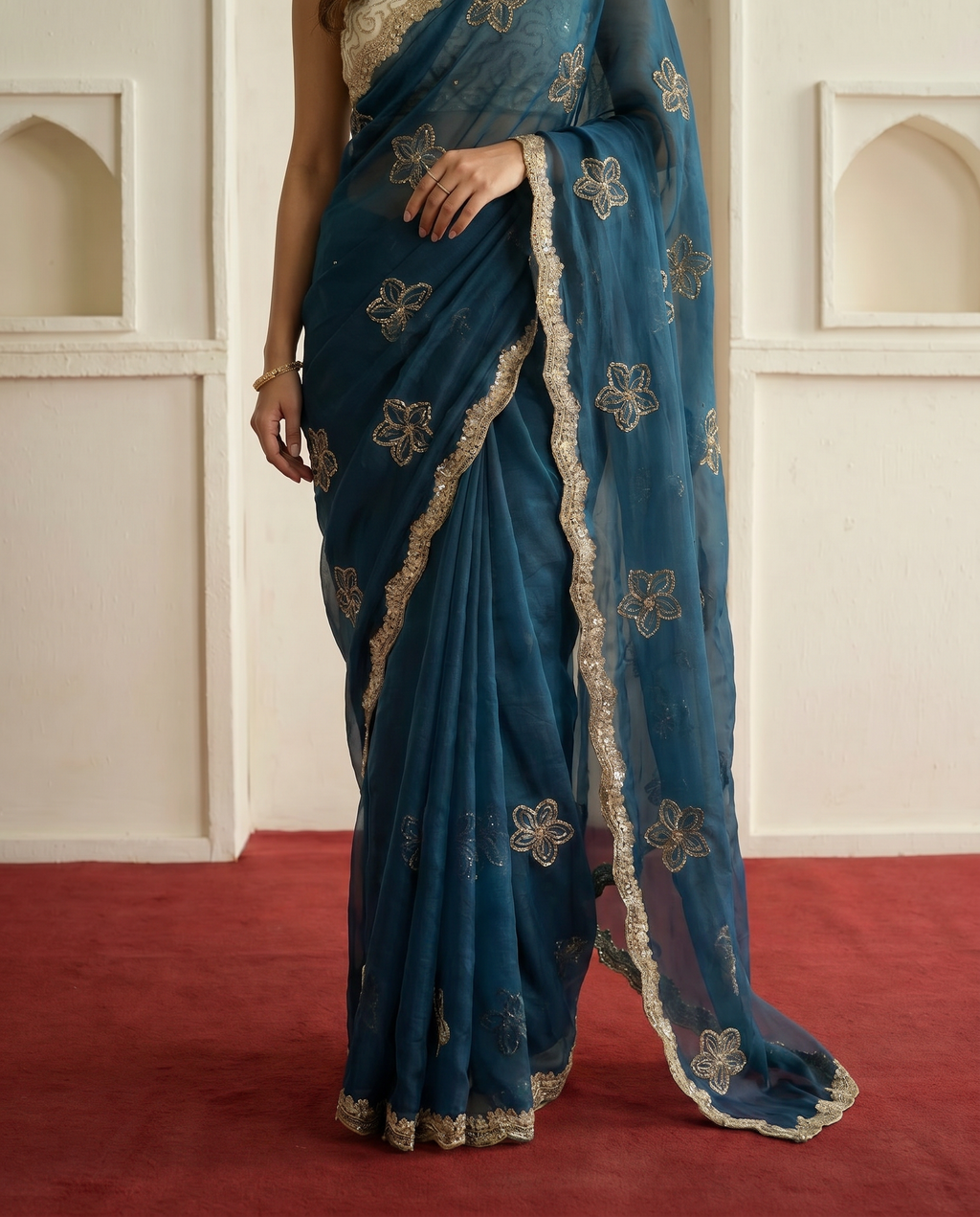 Elegant Mustard Yellow Embroidered Saree with Golden Designer Border – Festive & Party Wear - output 3 - 05 lower closeup