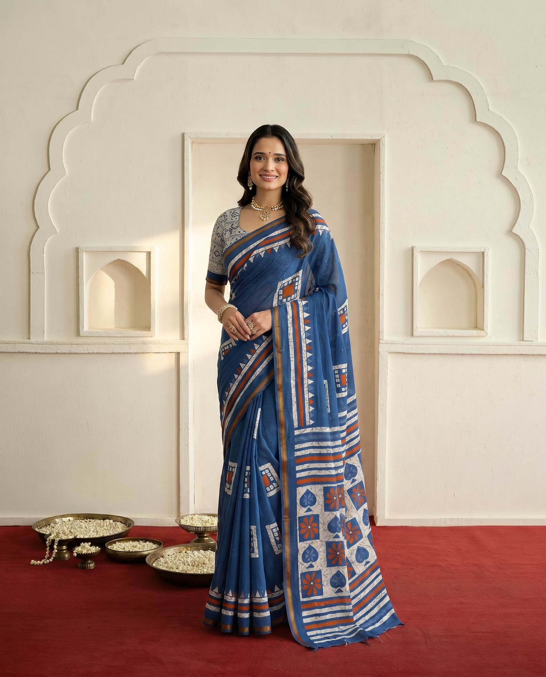 Elegant Navy Blue Printed Pure Cotton Saree with Geometric Border - output 0 - 02 hero