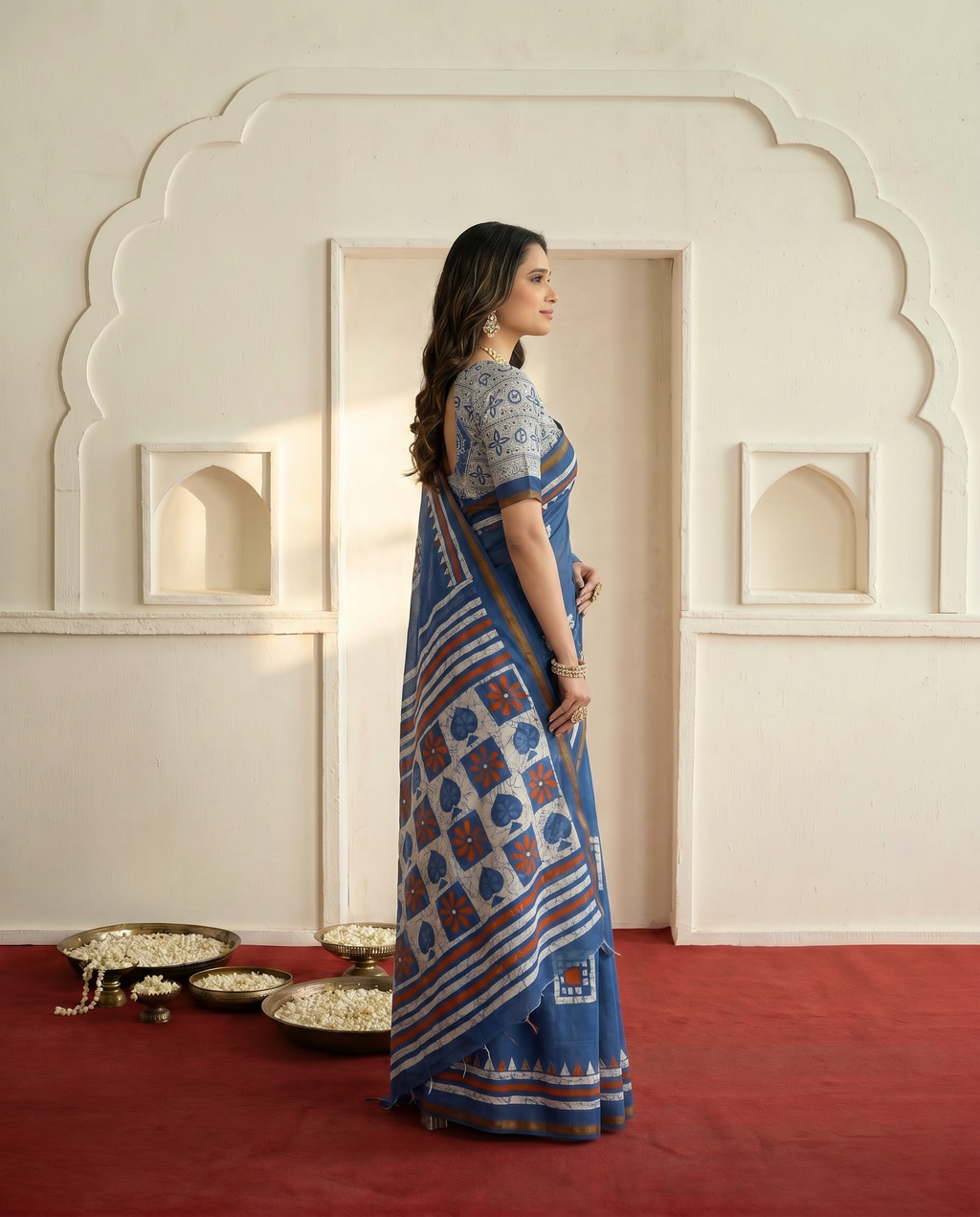 Elegant Navy Blue Printed Pure Cotton Saree with Geometric Border - output 0 - 03 side