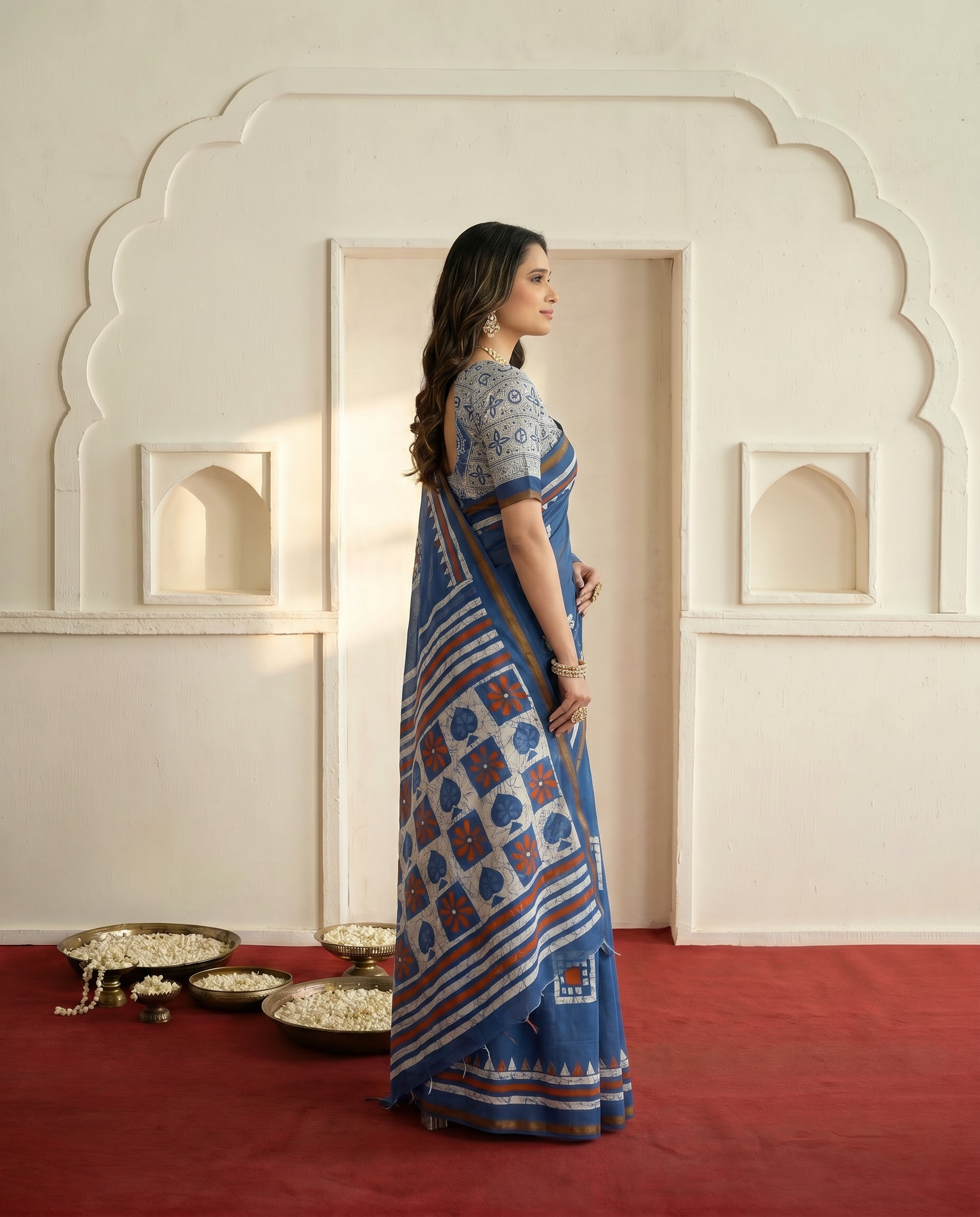 Elegant Navy Blue Printed Pure Cotton Saree with Geometric Border - output 0 - 03 side
