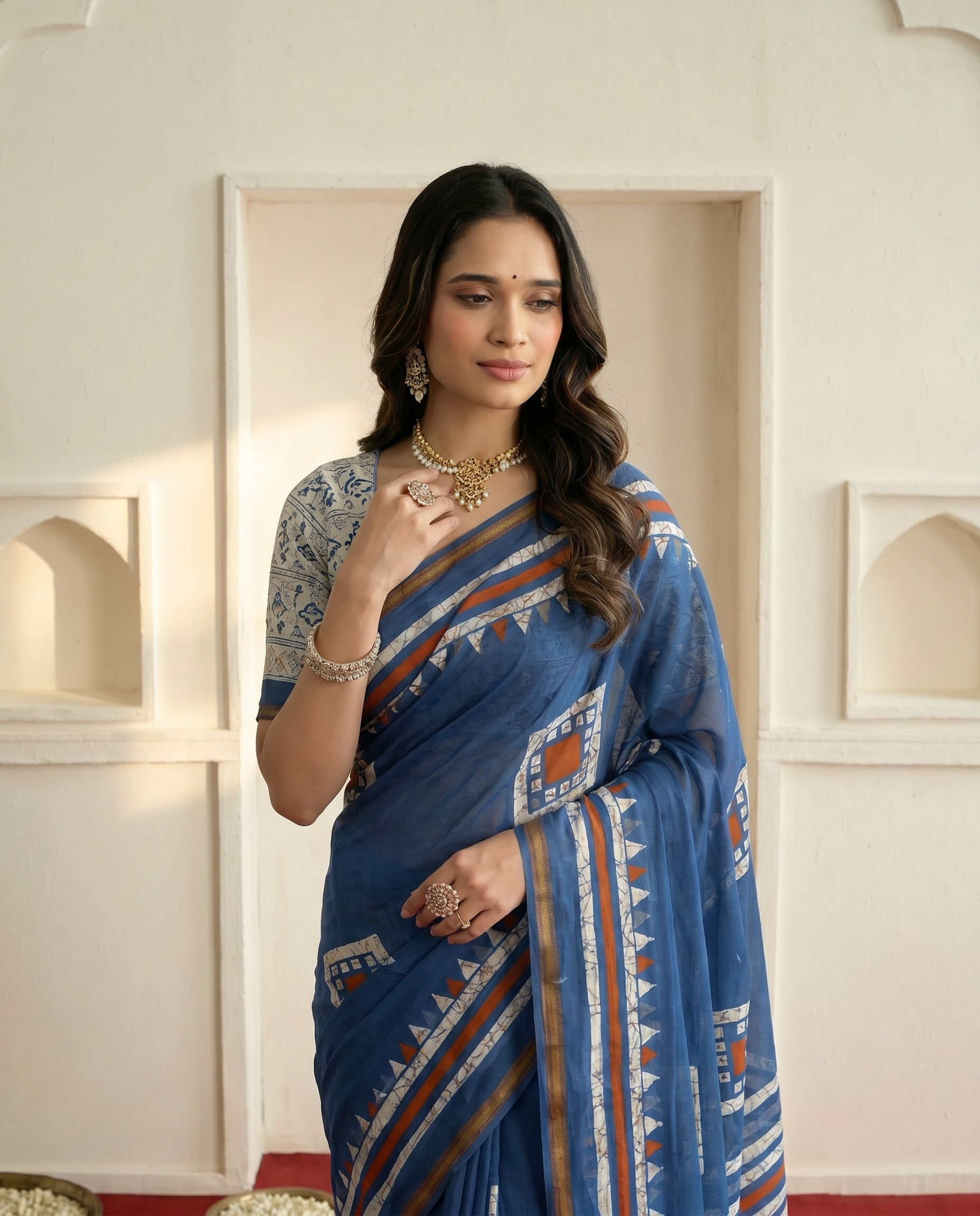 Elegant Navy Blue Printed Pure Cotton Saree with Geometric Border - output 0 - 04 upper closeup