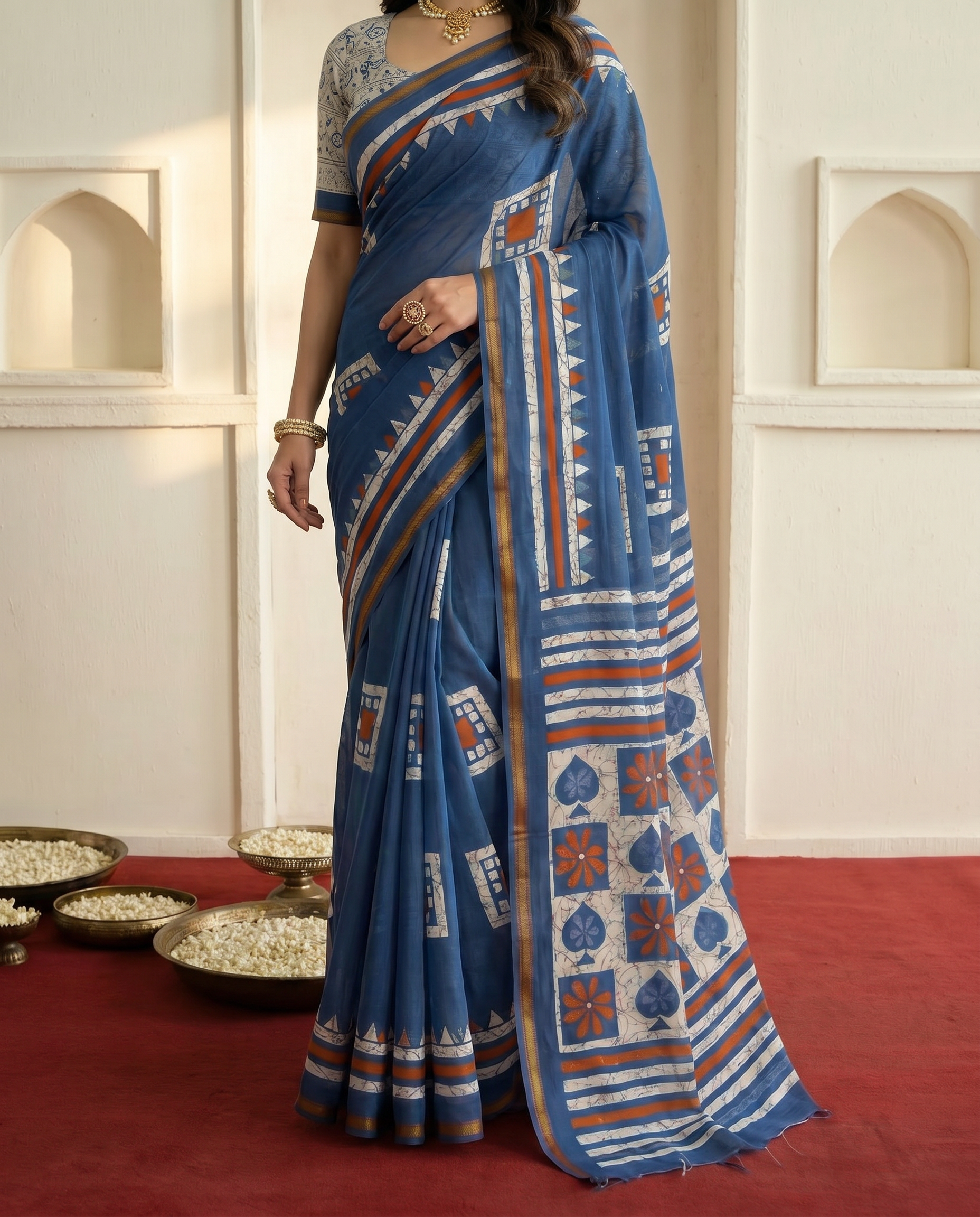 Elegant Navy Blue Printed Pure Cotton Saree with Geometric Border - output 0 - 05 lower closeup