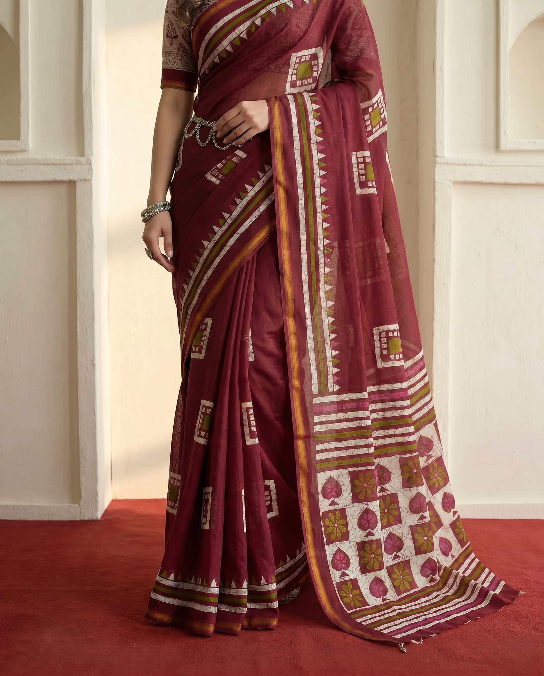 Elegant Navy Blue Printed Pure Cotton Saree with Geometric Border - output 1 - 05 lower closeup