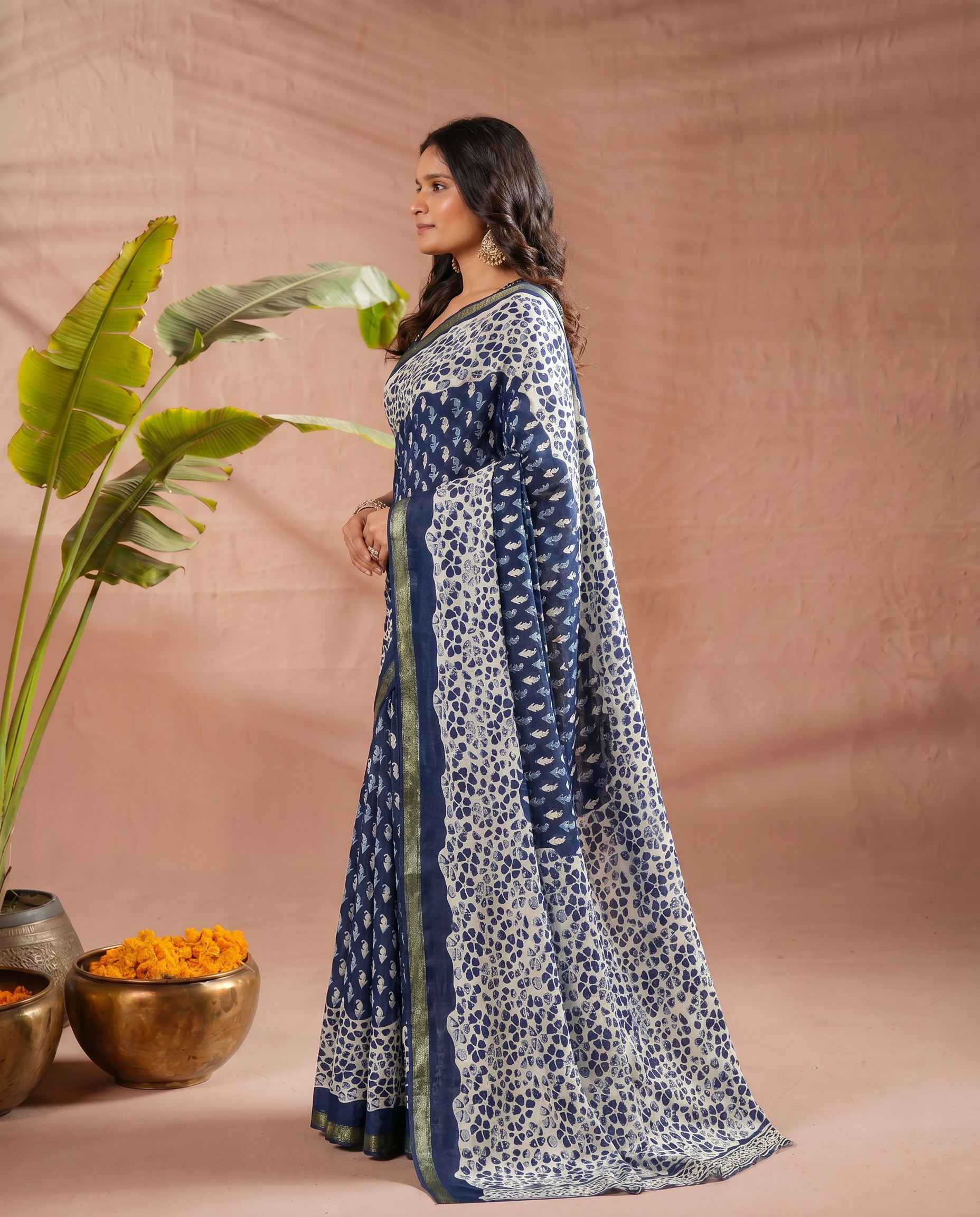 Elegant Navy Blue & White Printed Pure Cotton Saree with Classic Border - output 0 - 03 side