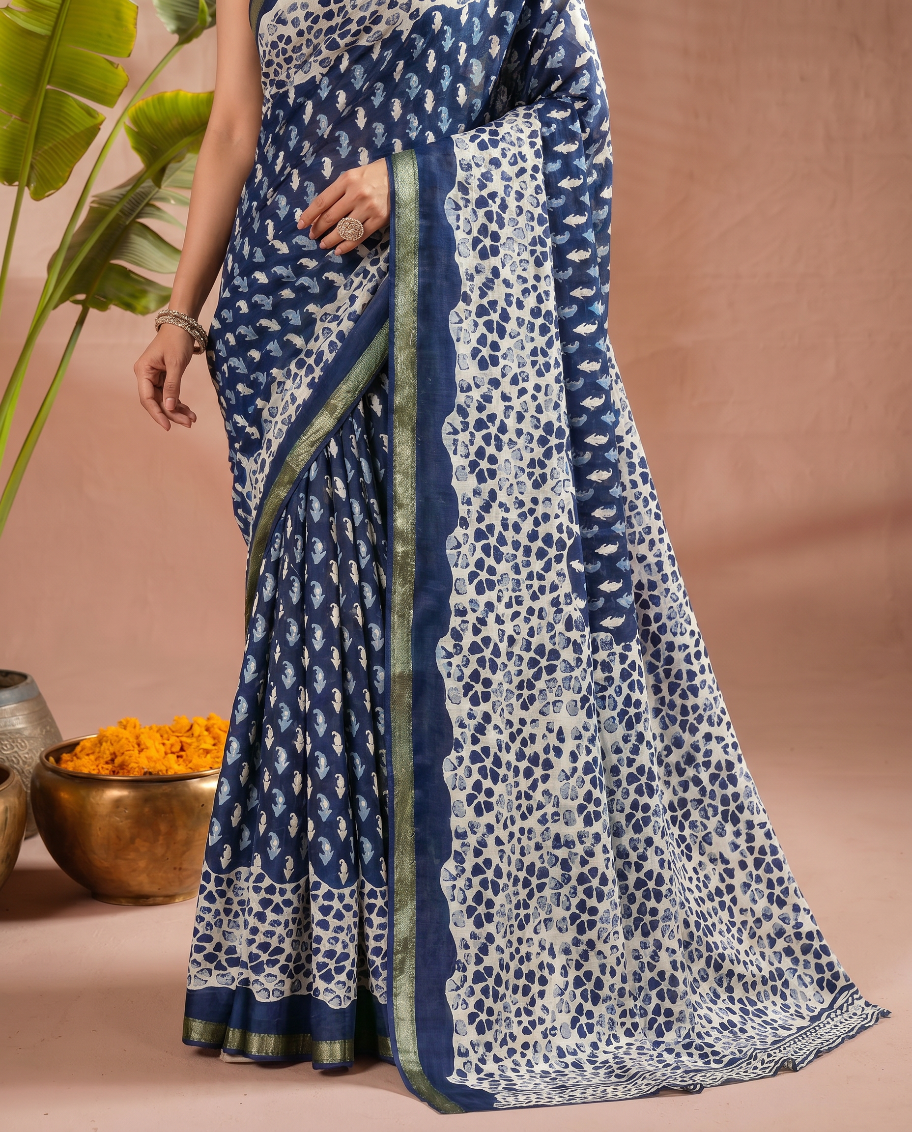 Elegant Navy Blue & White Printed Pure Cotton Saree with Classic Border - output 0 - 05 lower closeup
