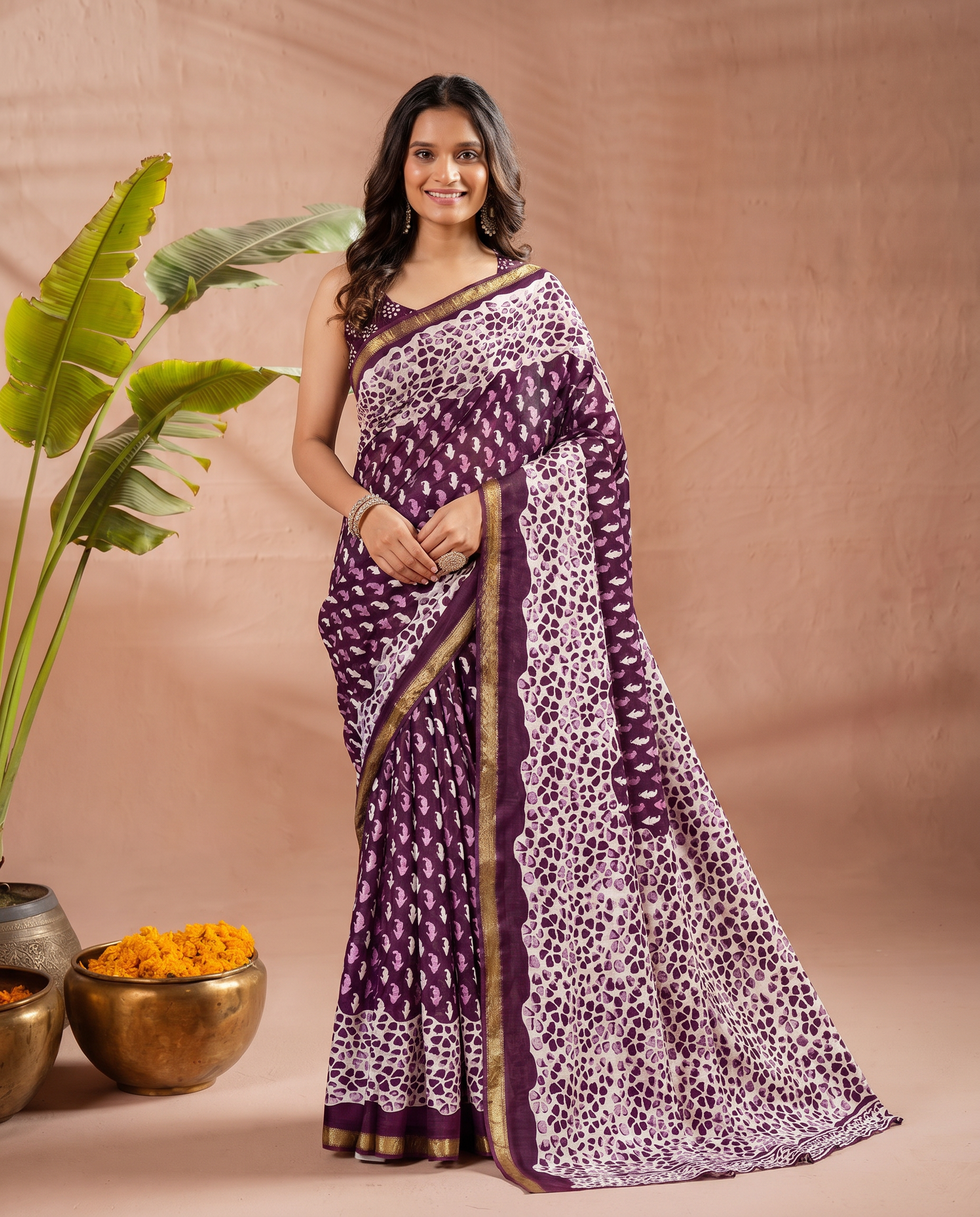 Elegant Navy Blue & White Printed Pure Cotton Saree with Classic Border - output 1 - 02 hero
