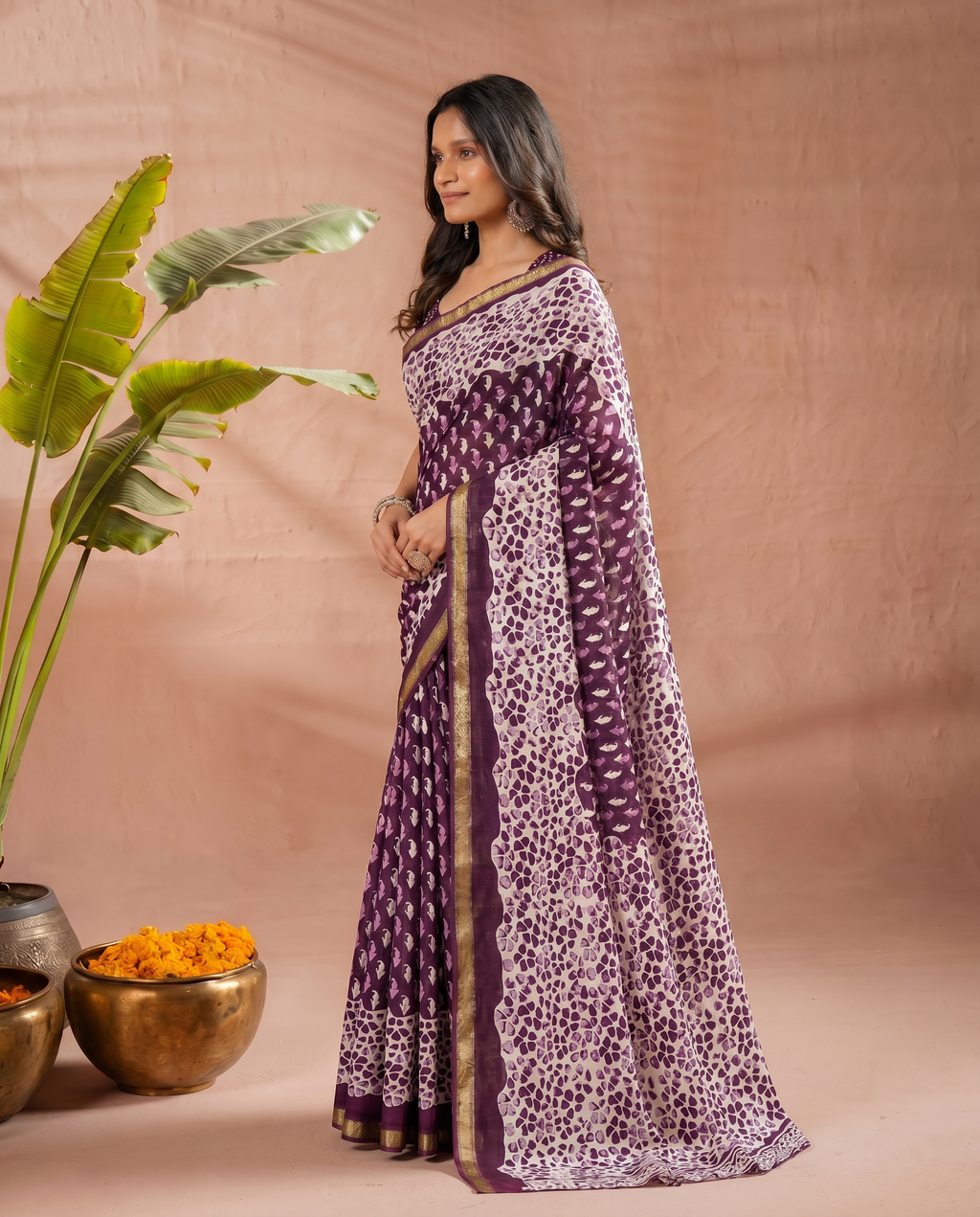 Elegant Navy Blue & White Printed Pure Cotton Saree with Classic Border - output 1 - 03 side