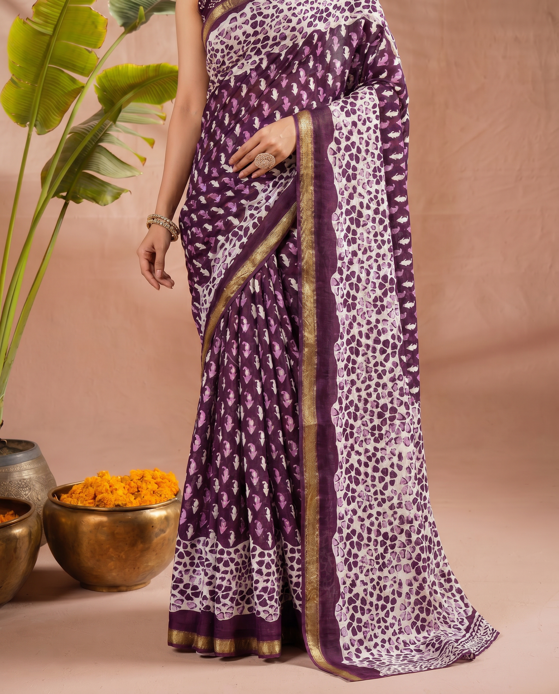 Elegant Navy Blue & White Printed Pure Cotton Saree with Classic Border - output 1 - 05 lower closeup
