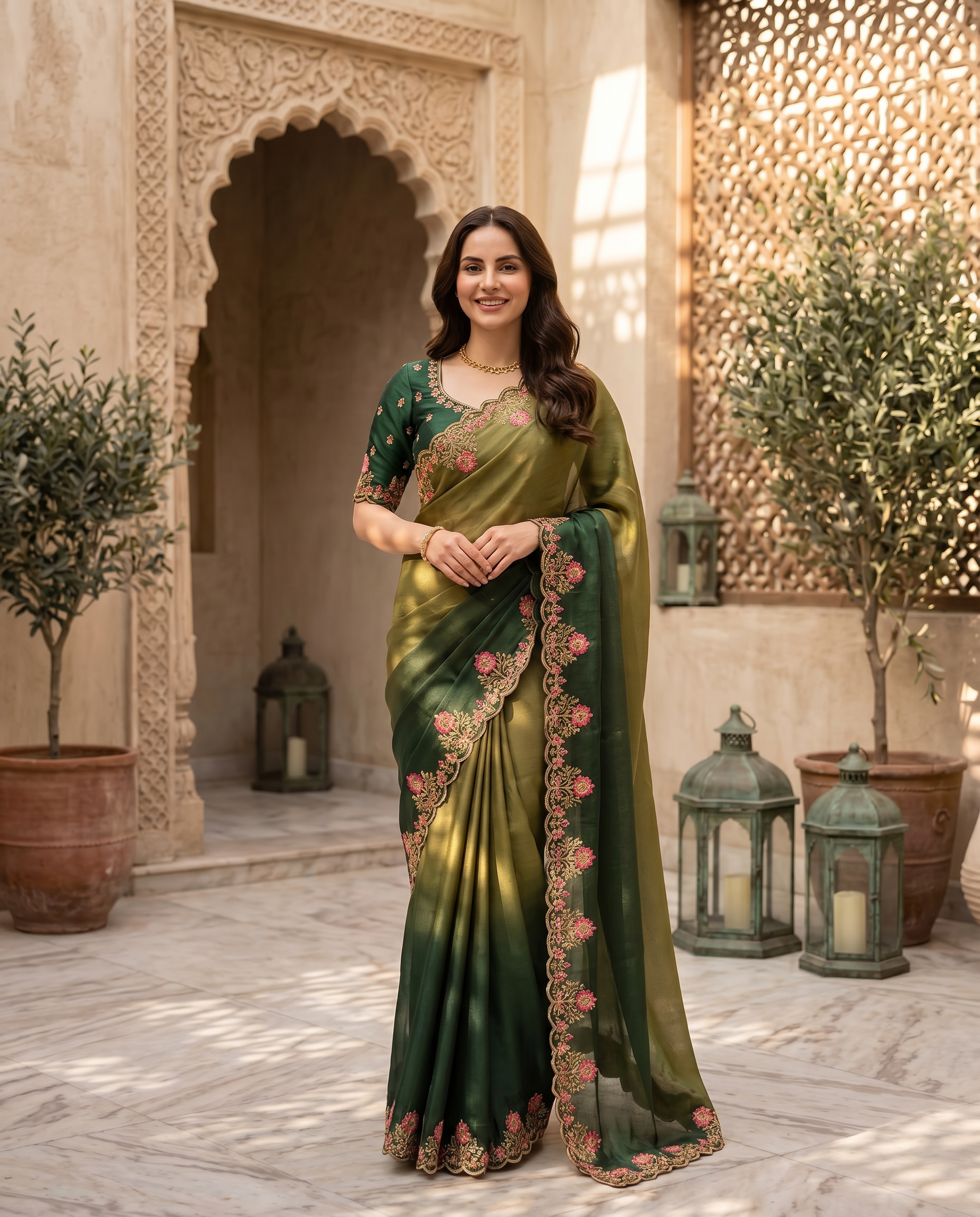 Elegant Olive Green Embroidered Saree with Floral Designer Border – Festive & Party Wear - output 0 - 02 hero