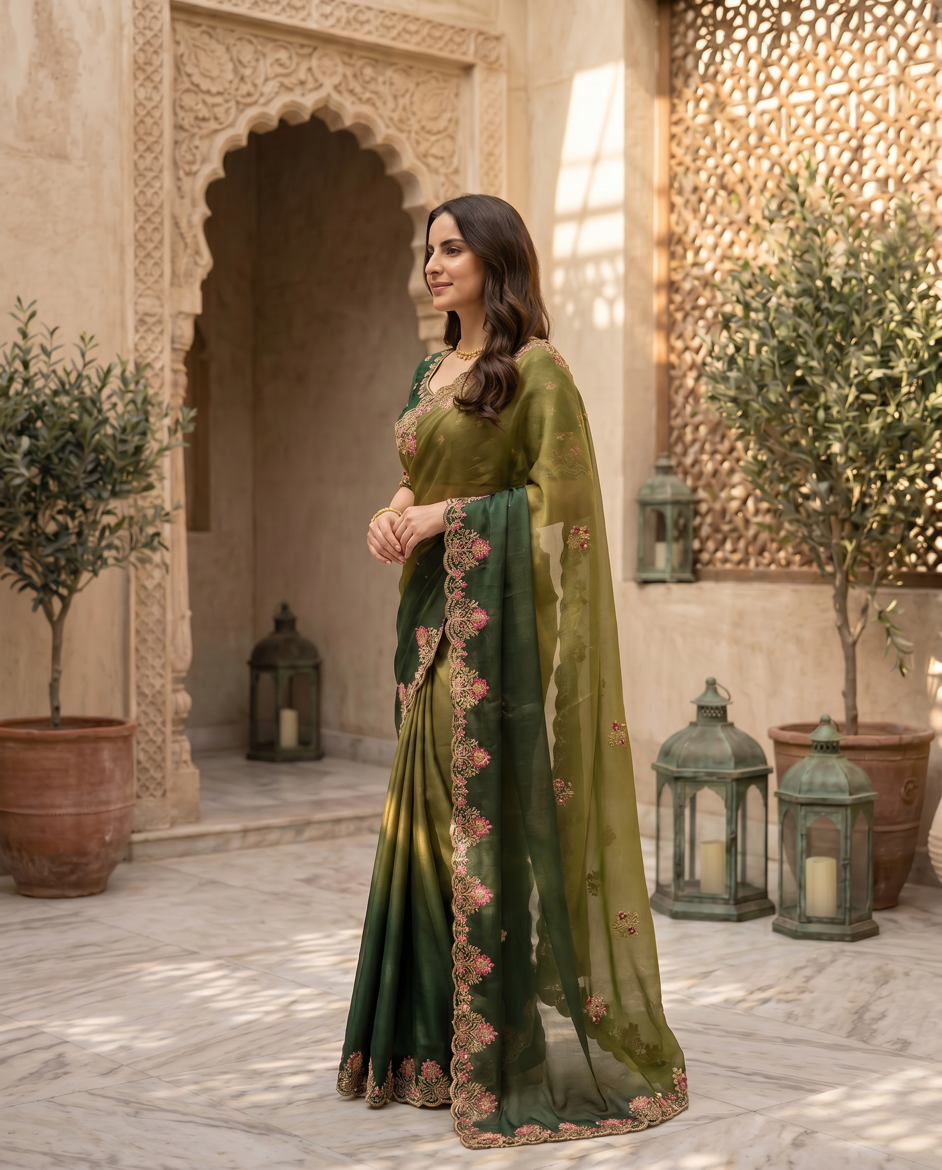 Elegant Olive Green Embroidered Saree with Floral Designer Border – Festive & Party Wear - output 0 - 03 side