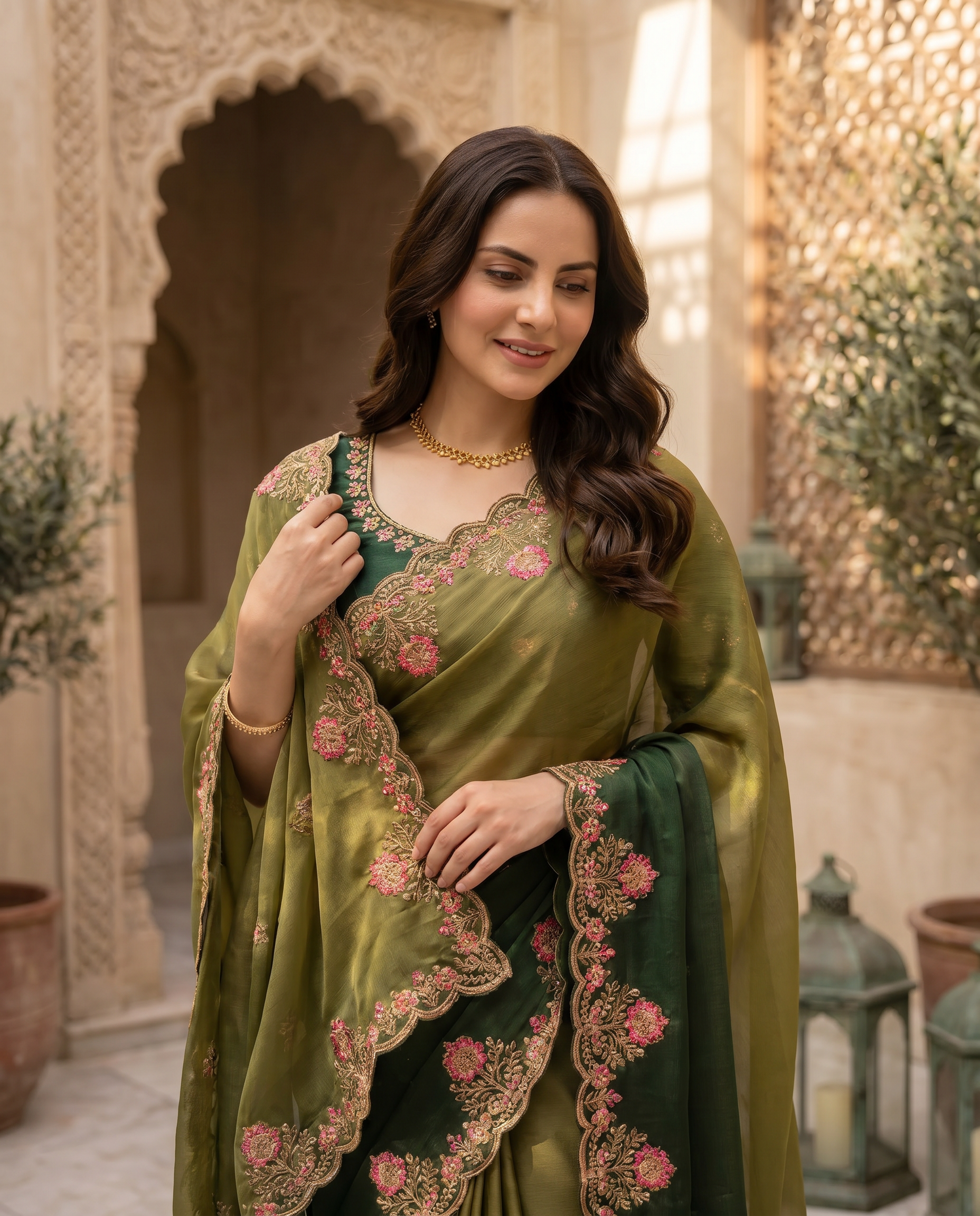 Elegant Olive Green Embroidered Saree with Floral Designer Border – Festive & Party Wear - output 0 - 04 upper closeup