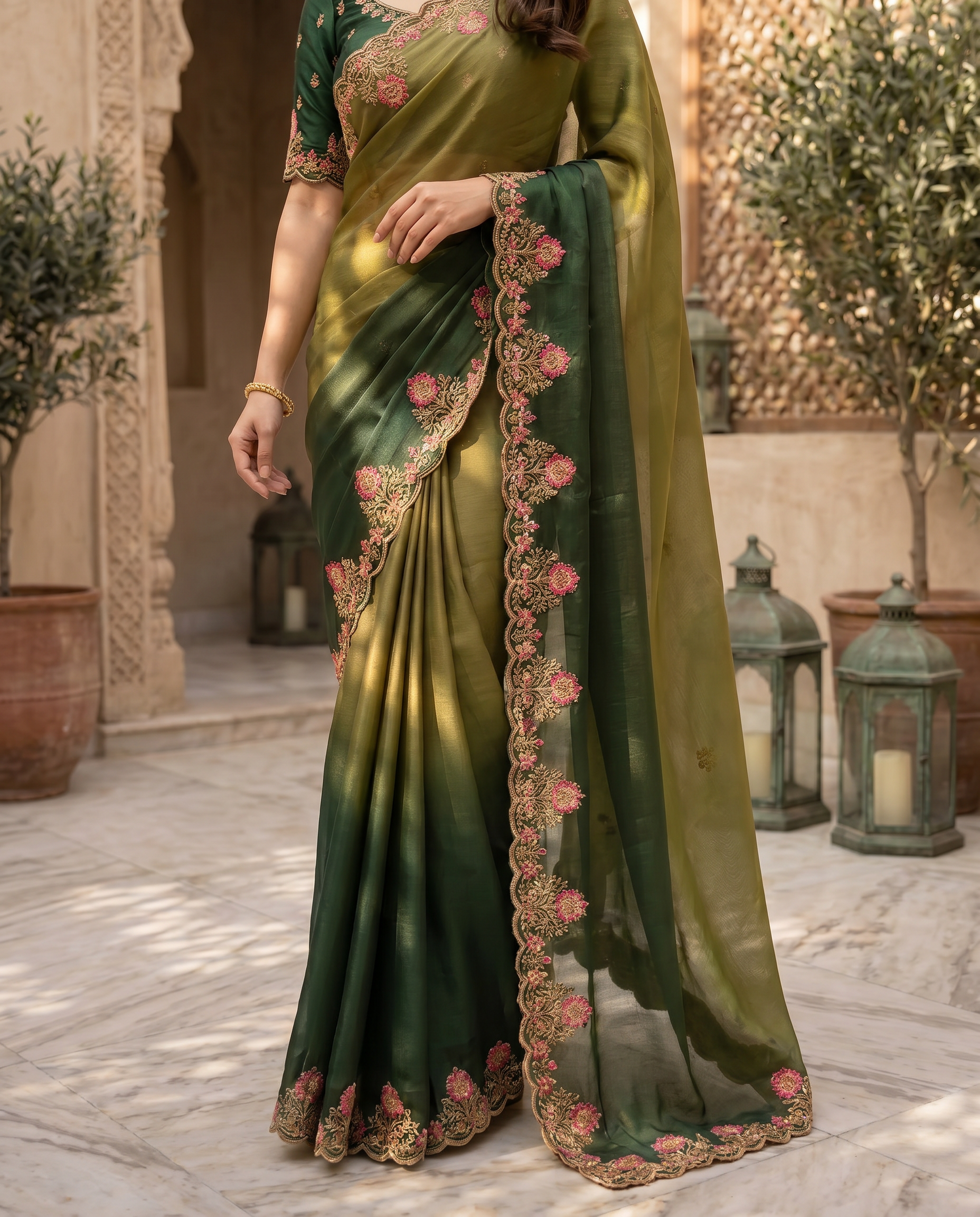 Elegant Olive Green Embroidered Saree with Floral Designer Border – Festive & Party Wear - output 0 - 05 lower closeup