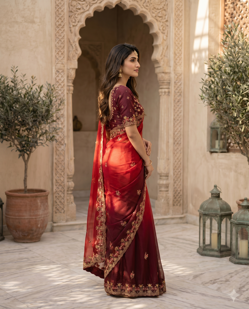 Elegant Olive Green Embroidered Saree with Floral Designer Border – Festive & Party Wear - output 1 - 03 side