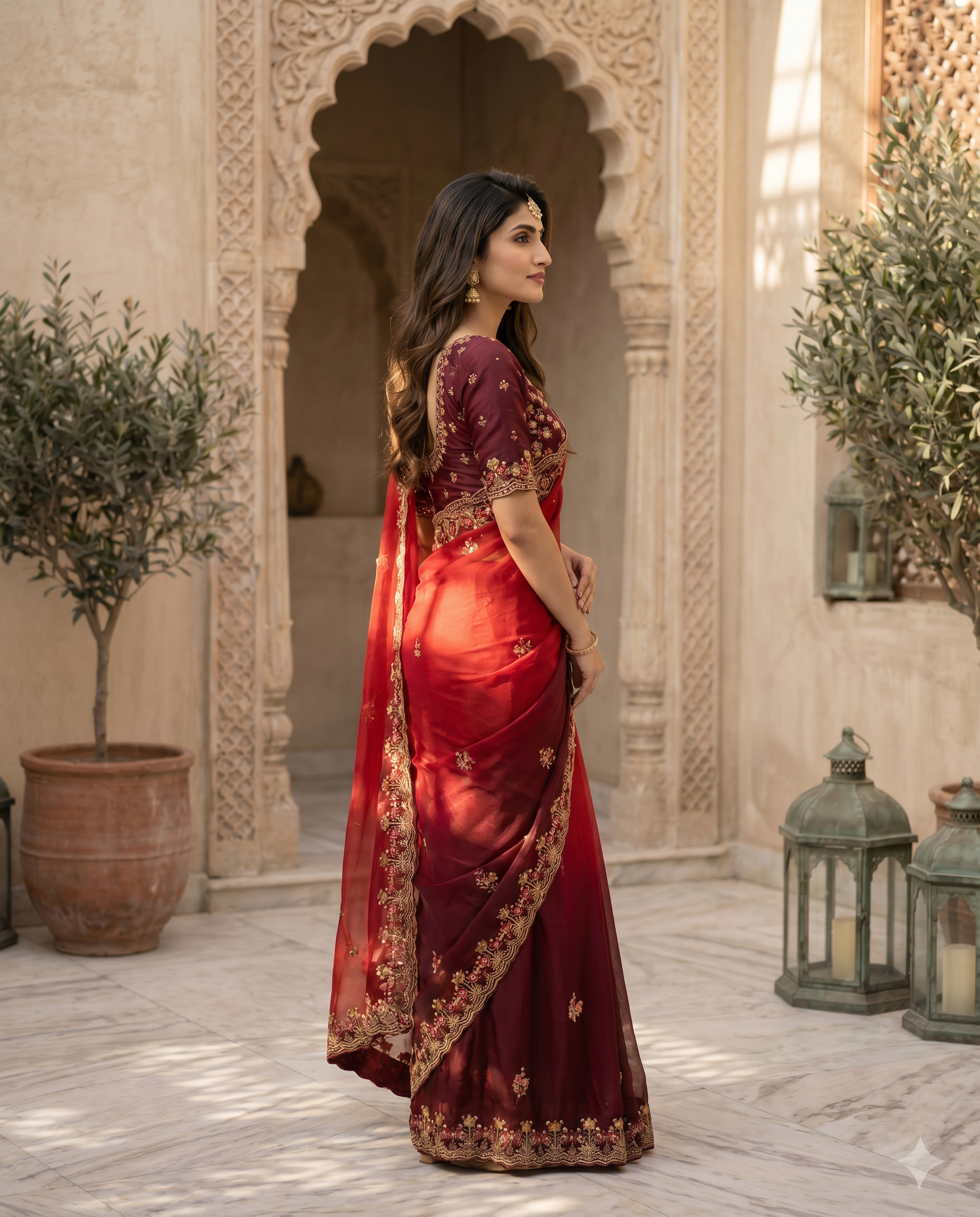 Elegant Olive Green Embroidered Saree with Floral Designer Border – Festive & Party Wear - output 1 - 03 side