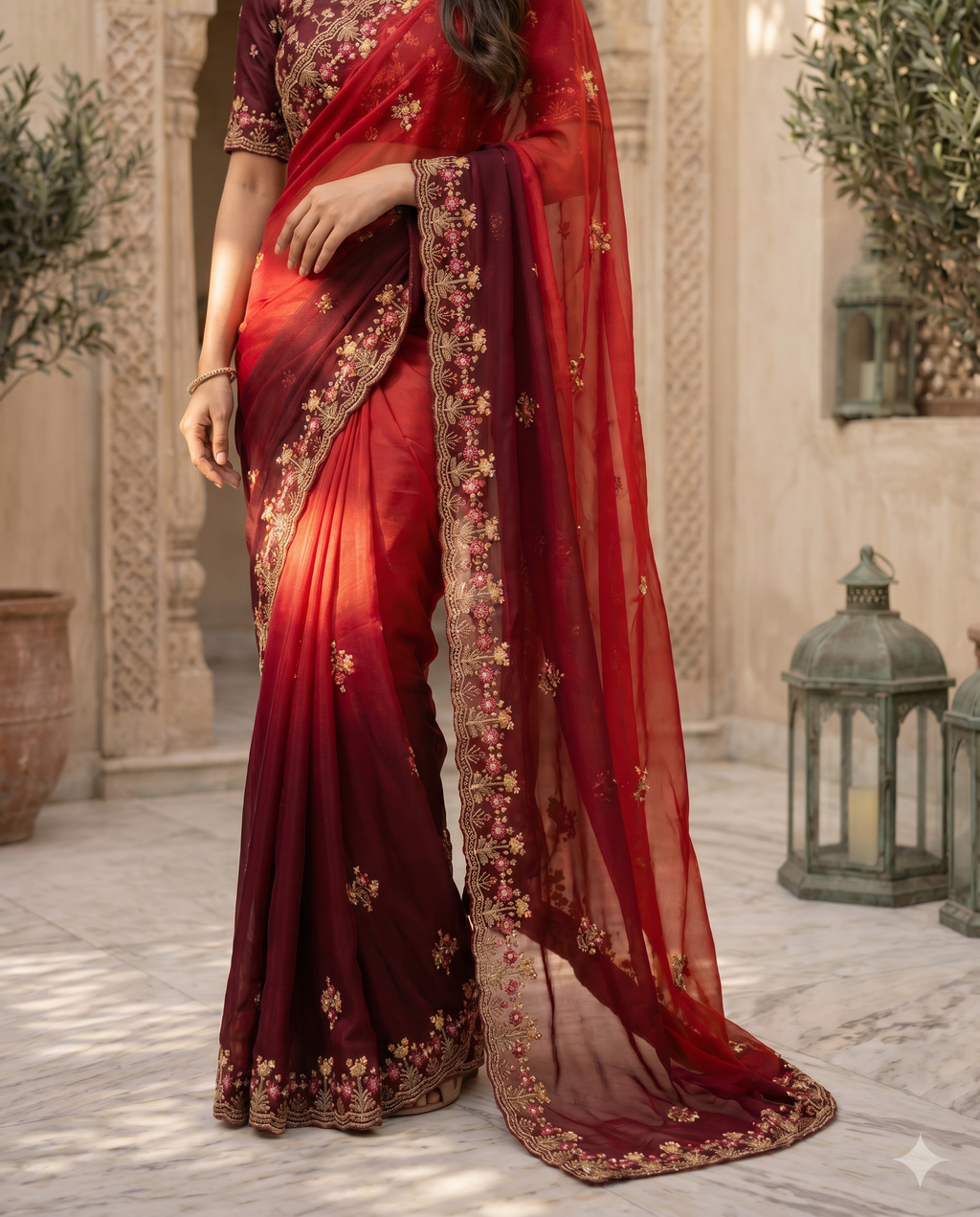 Elegant Olive Green Embroidered Saree with Floral Designer Border – Festive & Party Wear - output 1 - 05 lower closeup