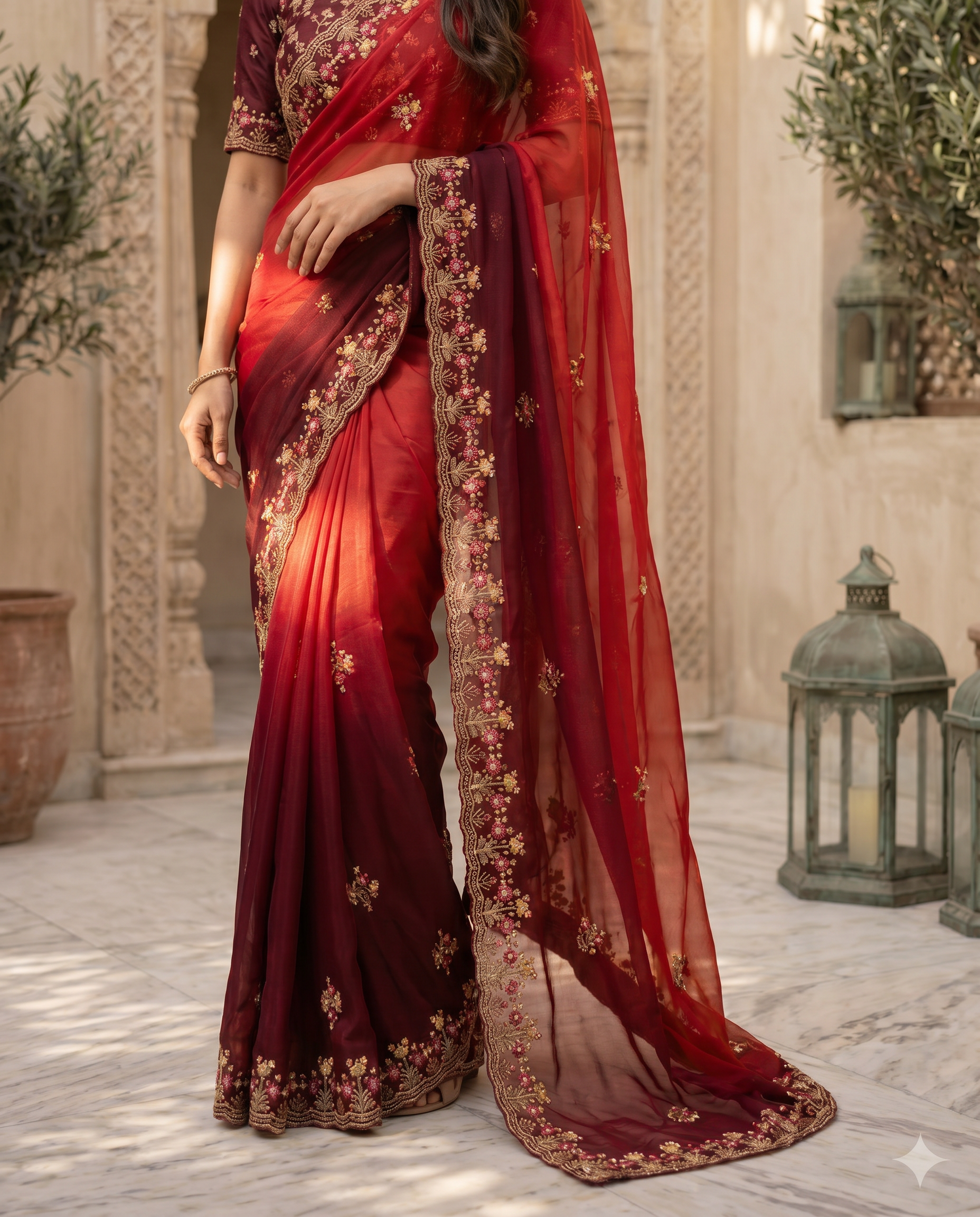 Elegant Olive Green Embroidered Saree with Floral Designer Border – Festive & Party Wear - output 1 - 05 lower closeup
