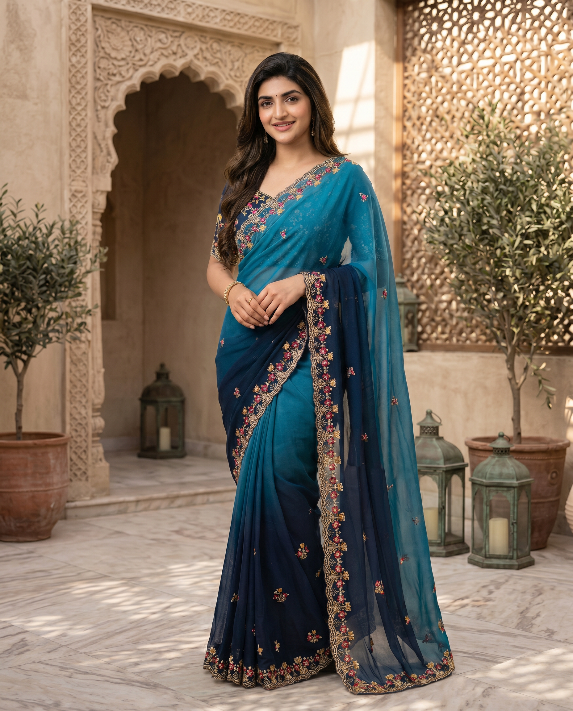 Elegant Olive Green Embroidered Saree with Floral Designer Border – Festive & Party Wear - output 2 - 02 hero