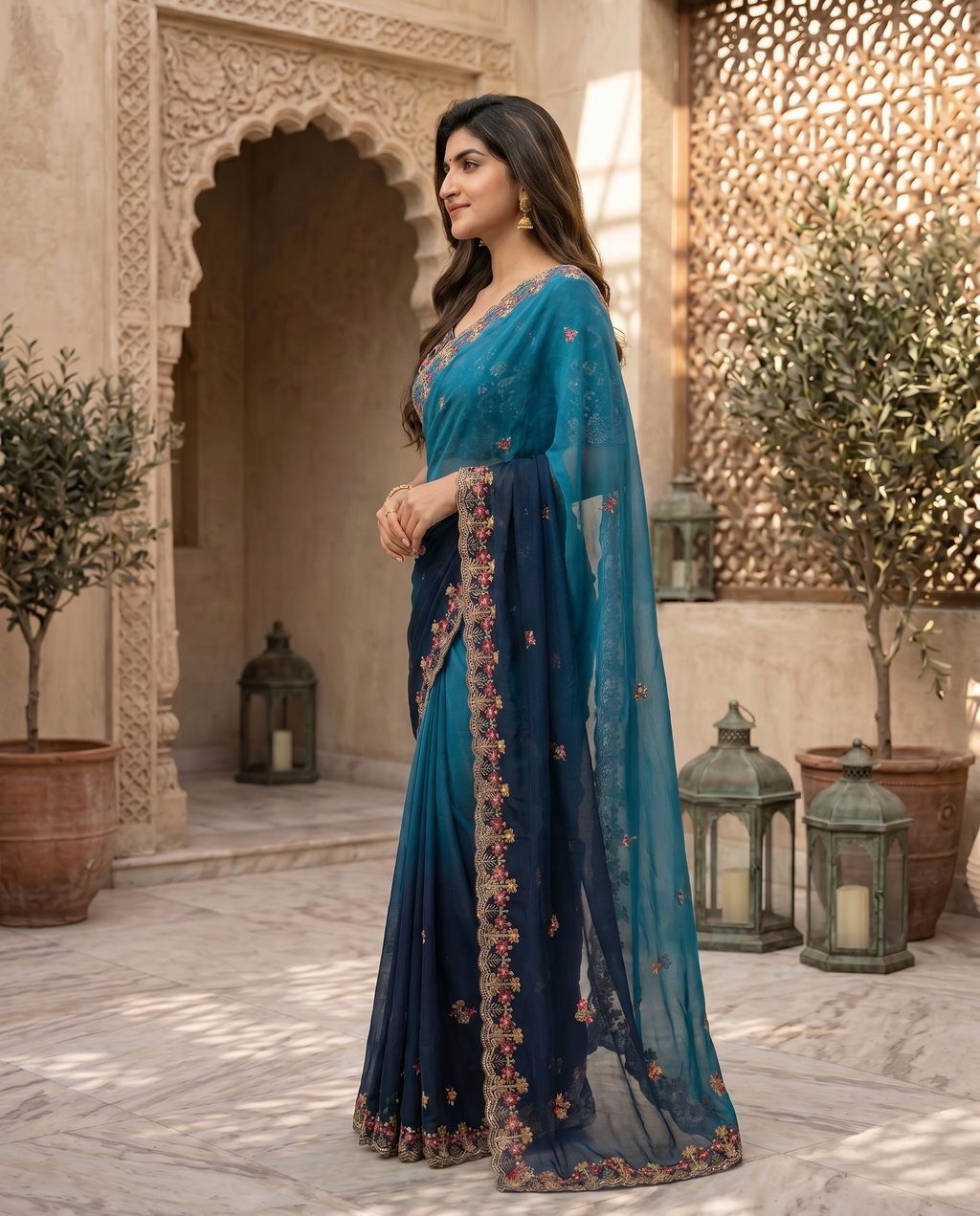 Elegant Olive Green Embroidered Saree with Floral Designer Border – Festive & Party Wear - output 2 - 03 side