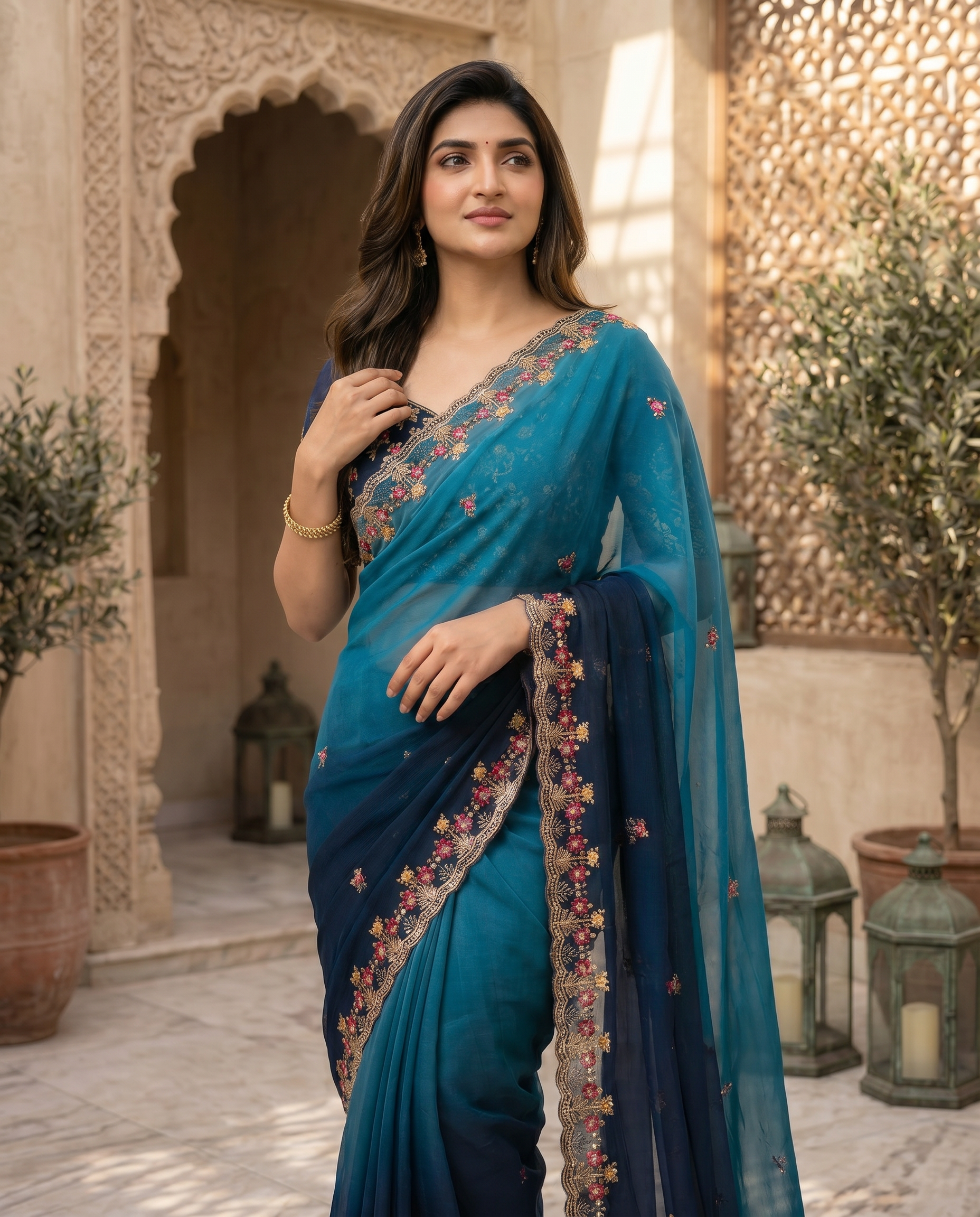 Elegant Olive Green Embroidered Saree with Floral Designer Border – Festive & Party Wear - output 2 - 04 upper closeup