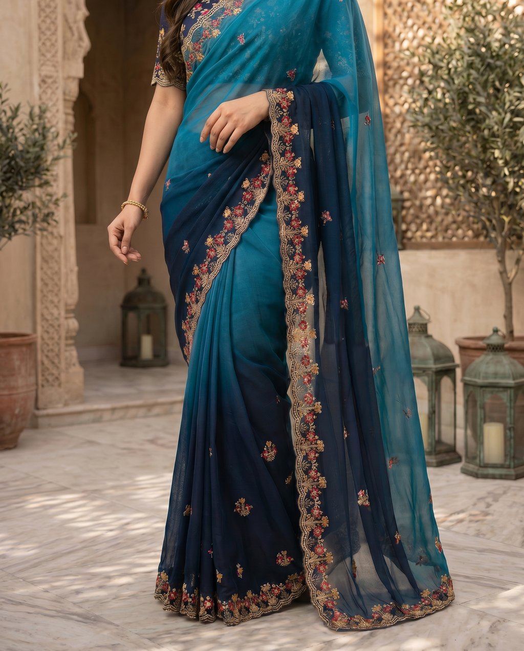Elegant Olive Green Embroidered Saree with Floral Designer Border – Festive & Party Wear - output 2 - 05 lower closeup