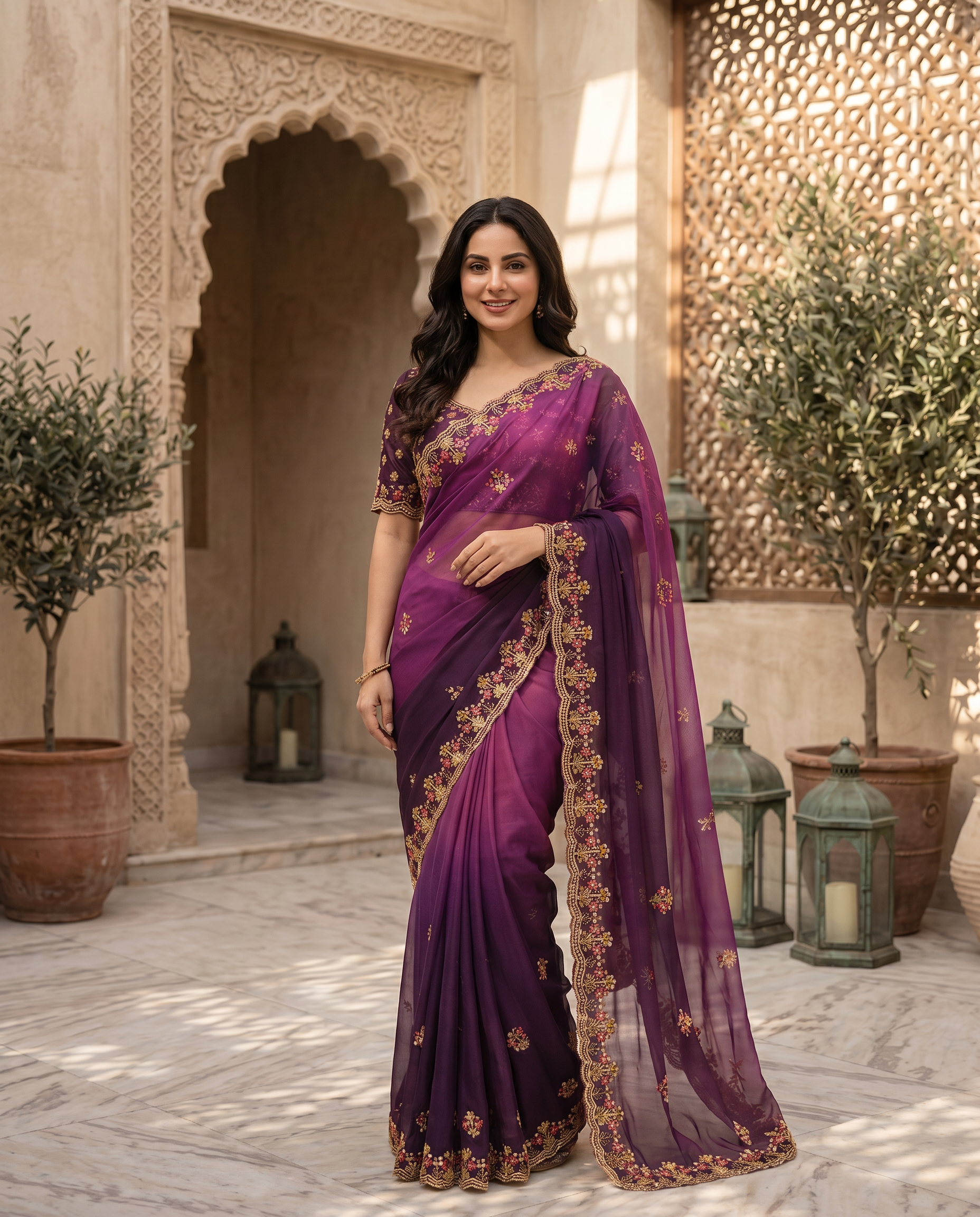 Elegant Olive Green Embroidered Saree with Floral Designer Border – Festive & Party Wear - output 3 - 02 hero