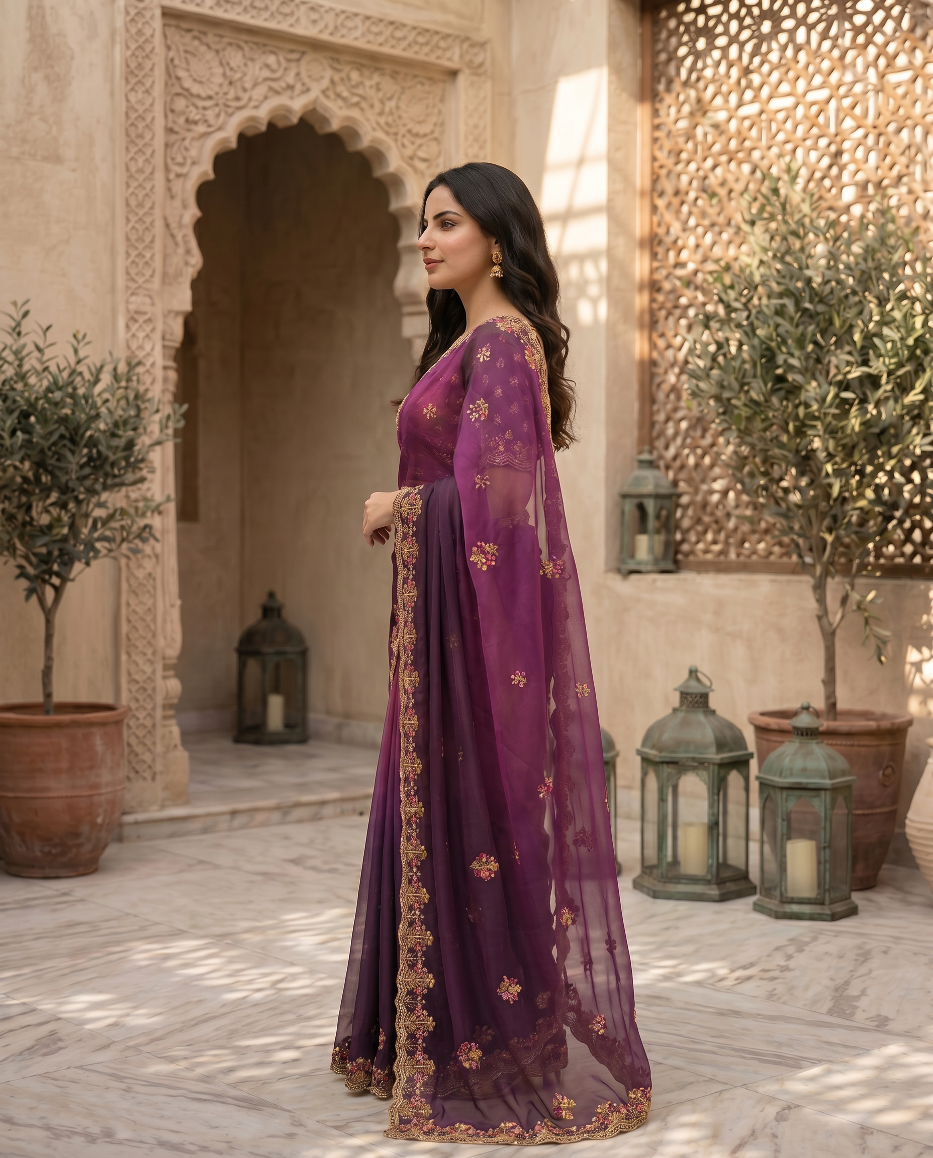 Elegant Olive Green Embroidered Saree with Floral Designer Border – Festive & Party Wear - output 3 - 03 side
