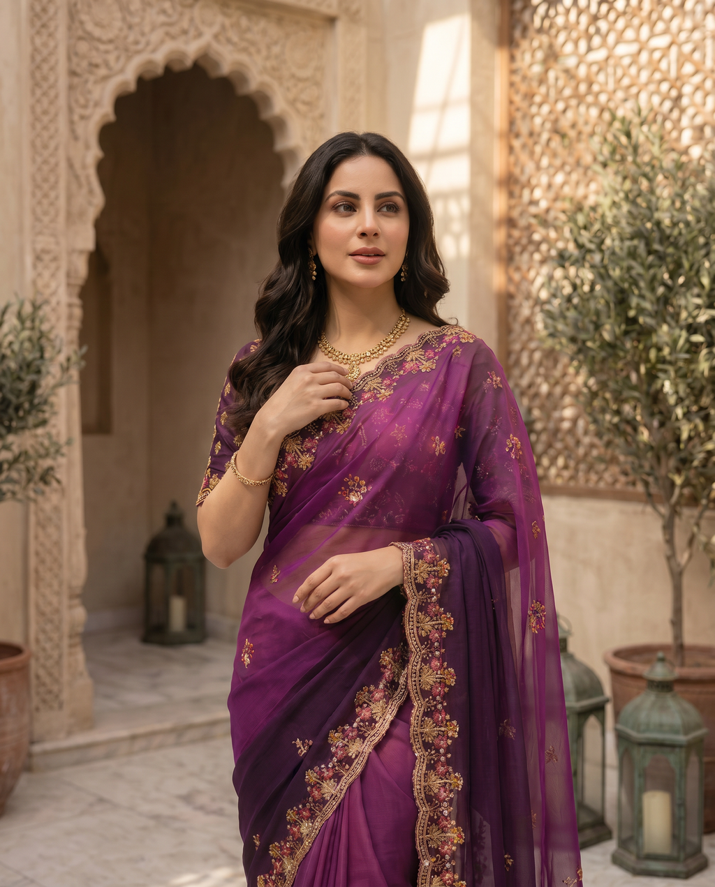 Elegant Olive Green Embroidered Saree with Floral Designer Border – Festive & Party Wear - output 3 - 04 upper closeup