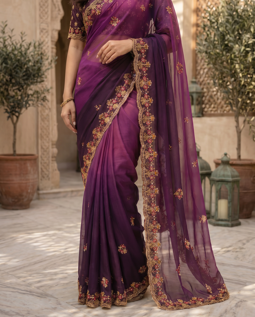 Elegant Olive Green Embroidered Saree with Floral Designer Border – Festive & Party Wear - output 3 - 05 lower closeup