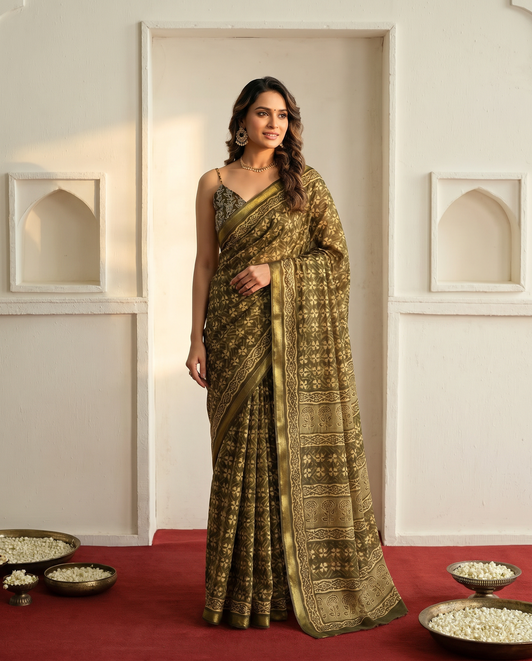 Elegant Olive Green Printed Pure Cotton Saree with Traditional Border - output 0 - 02 hero