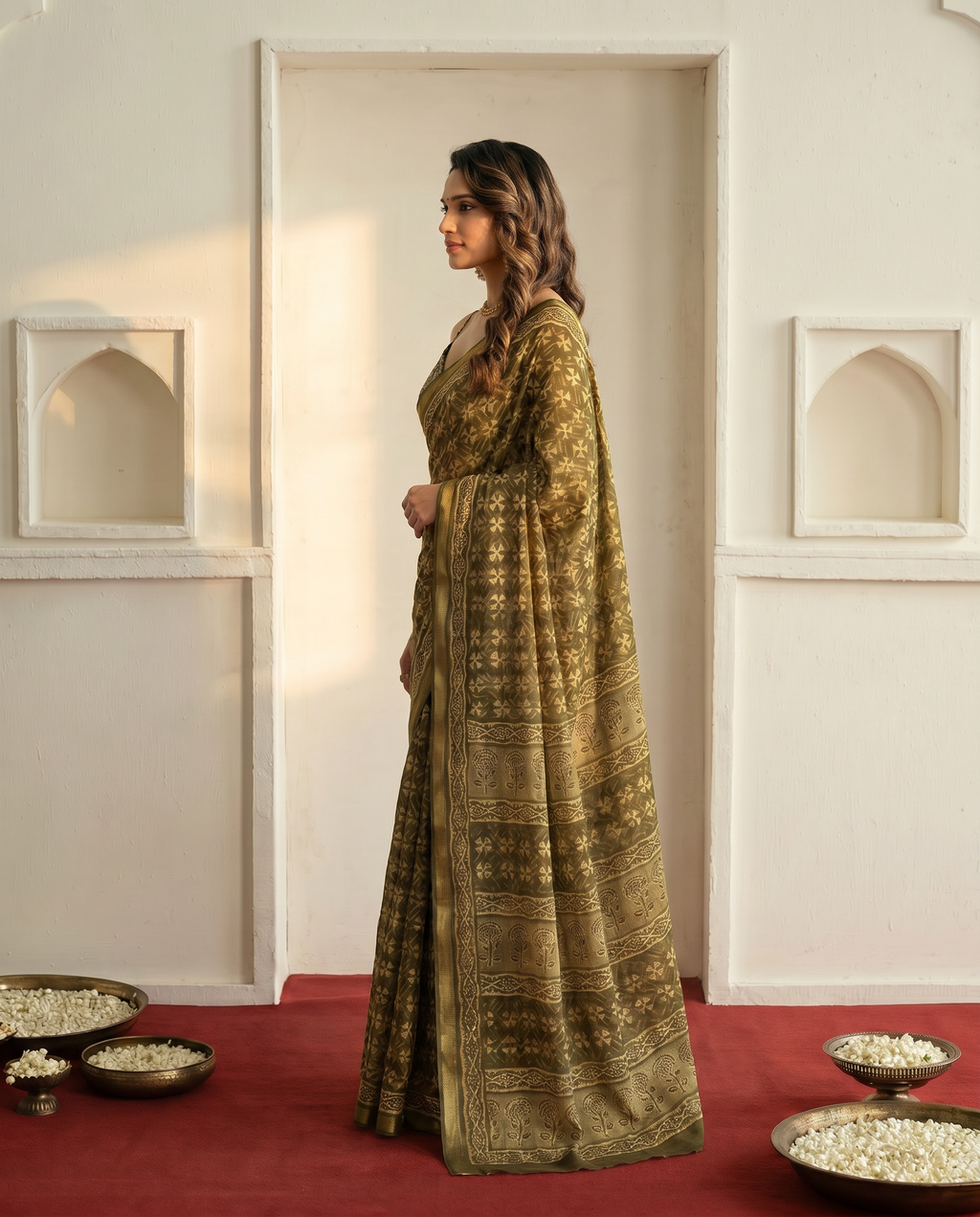 Elegant Olive Green Printed Pure Cotton Saree with Traditional Border - output 0 - 03 side