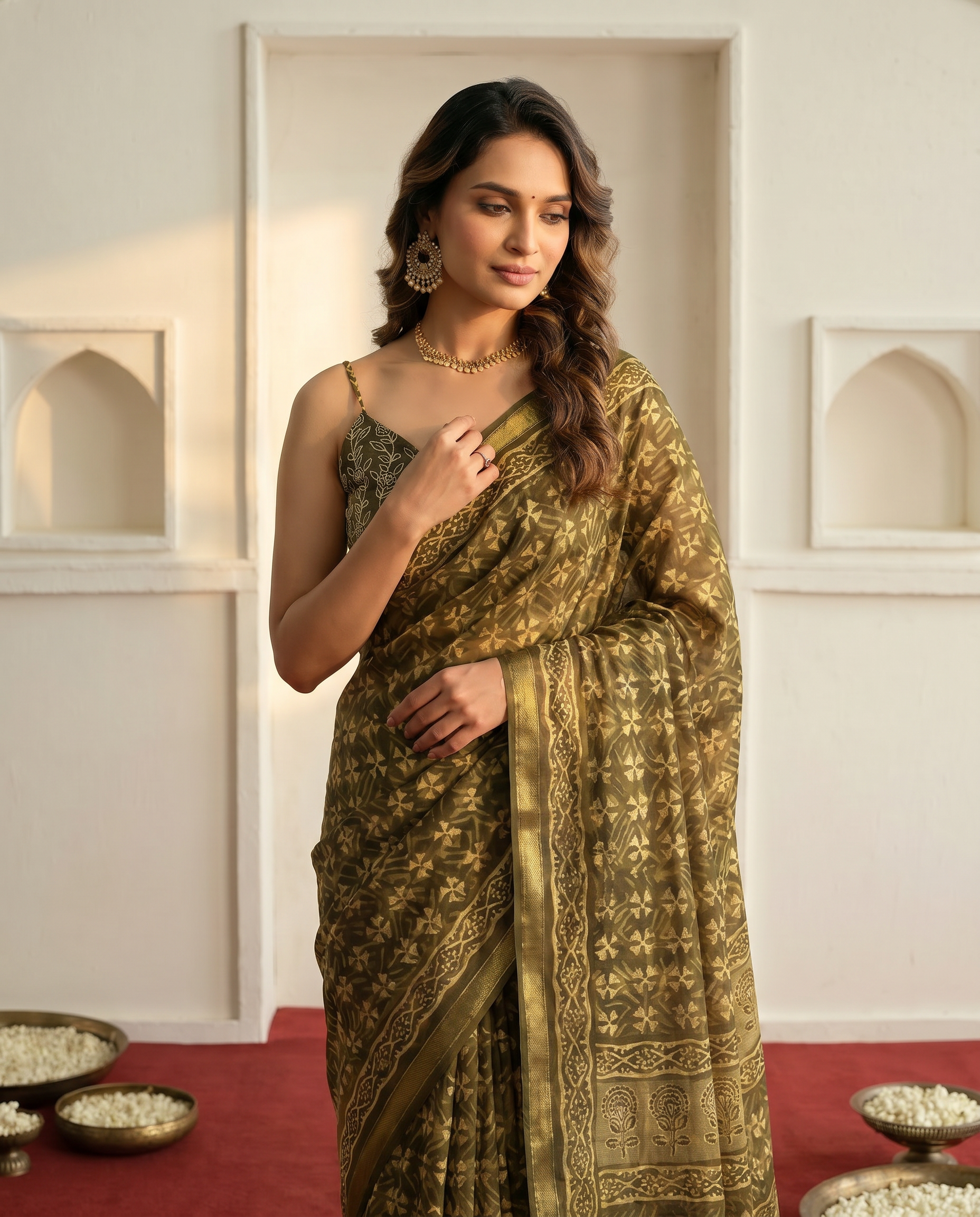 Elegant Olive Green Printed Pure Cotton Saree with Traditional Border - output 0 - 04 upper closeup