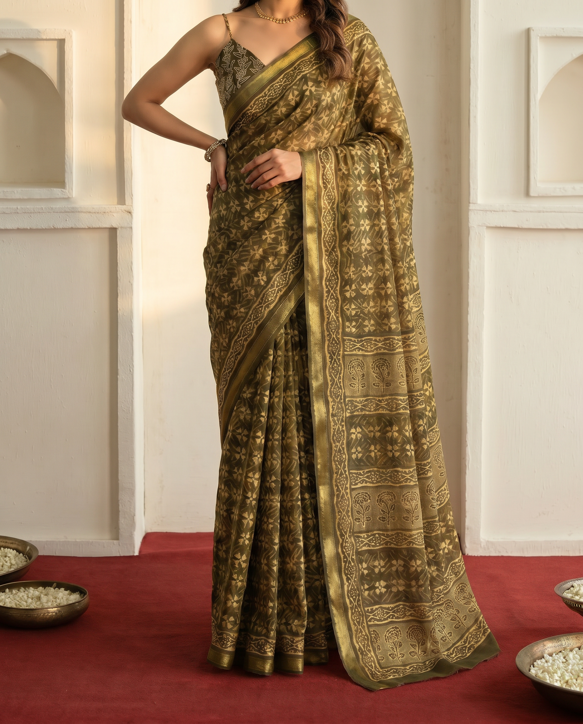 Elegant Olive Green Printed Pure Cotton Saree with Traditional Border - output 0 - 05 lower closeup