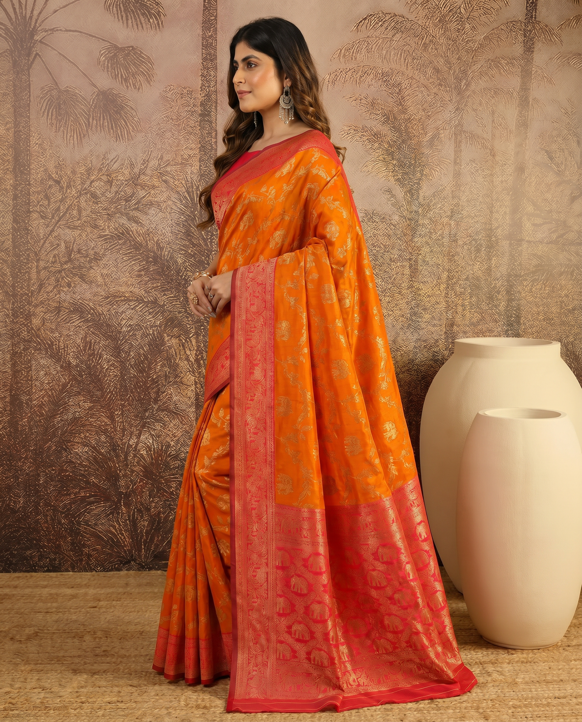 Elegant Orange Banarasi Style Zari Woven Saree with Rich Designer Pallu – Wedding & Festive Wear - output 0 - 03 side