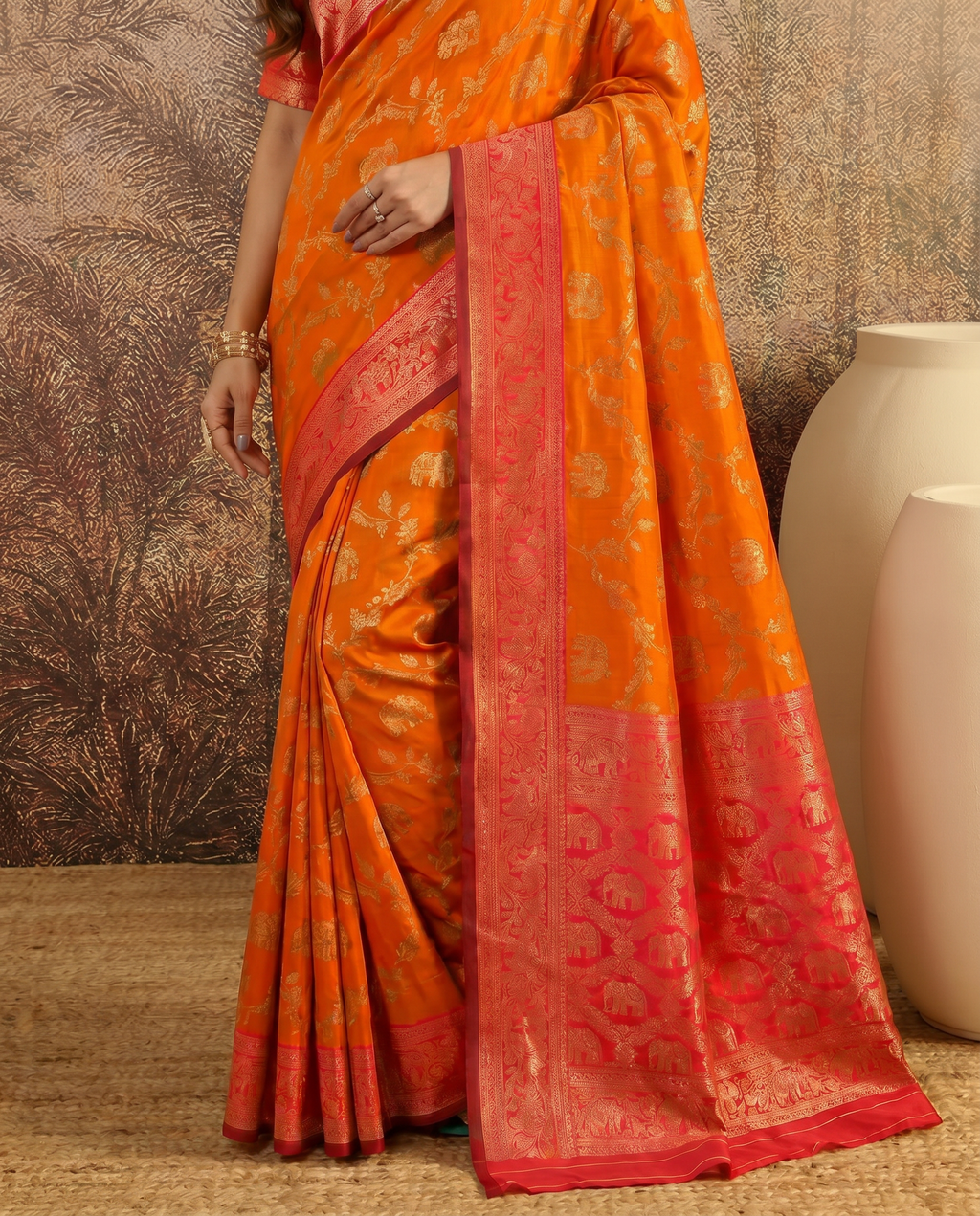 Elegant Orange Banarasi Style Zari Woven Saree with Rich Designer Pallu – Wedding & Festive Wear - output 0 - 05 lower closeup