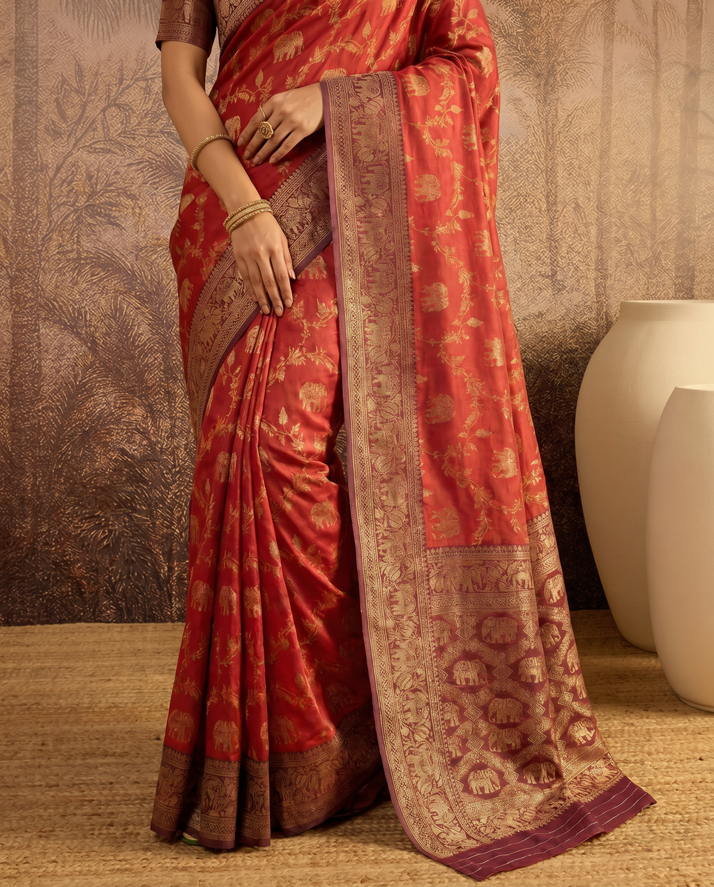 Elegant Orange Banarasi Style Zari Woven Saree with Rich Designer Pallu – Wedding & Festive Wear - output 1 - 05 lower closeup