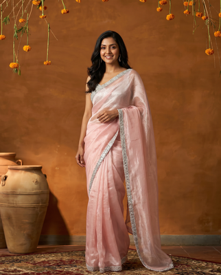 Elegant Peach Organza Pre Drapped Saree with Sequin Border