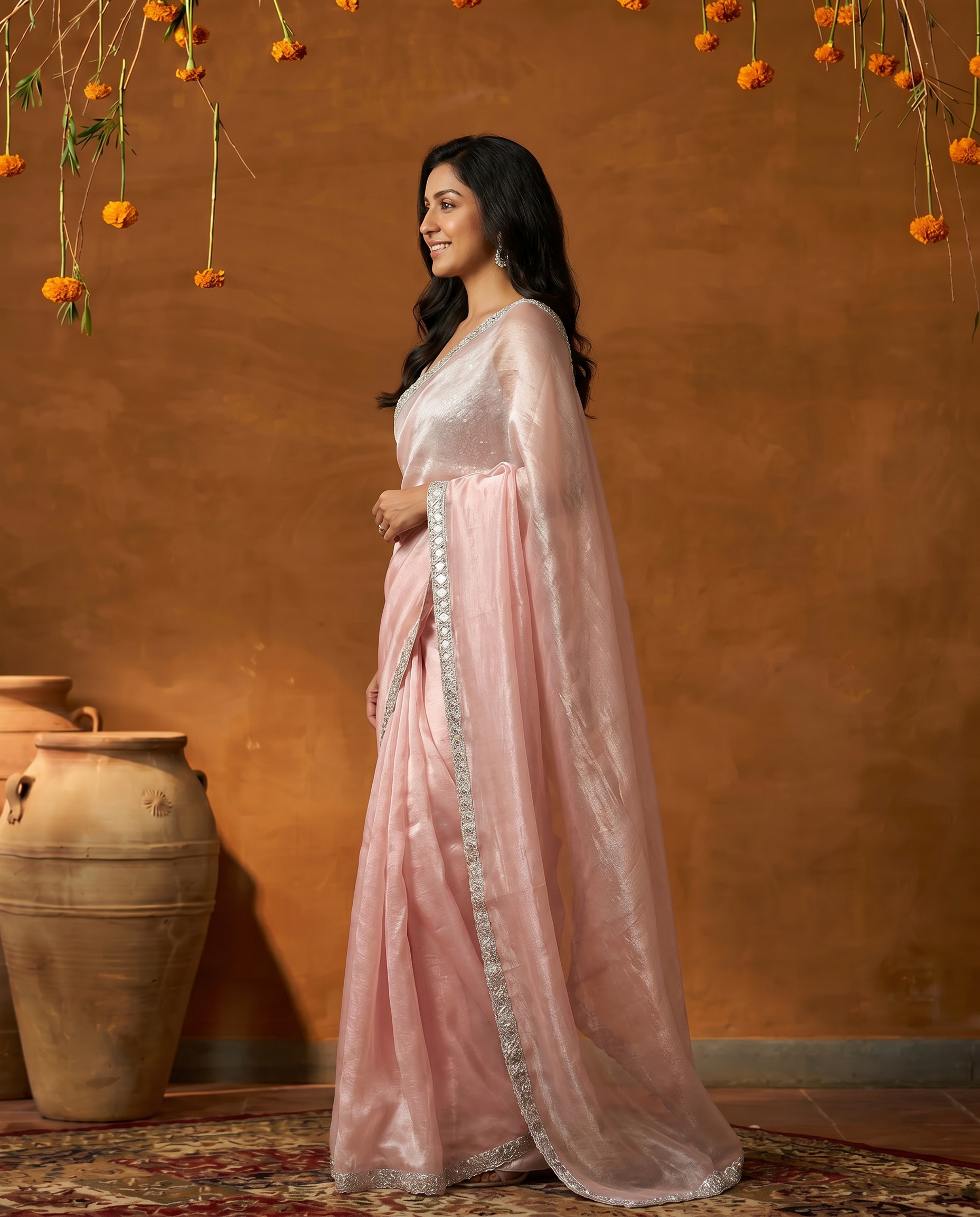 Elegant Peach Organza Pre Drapped Saree with Sequin Border - output 0 - 03 side