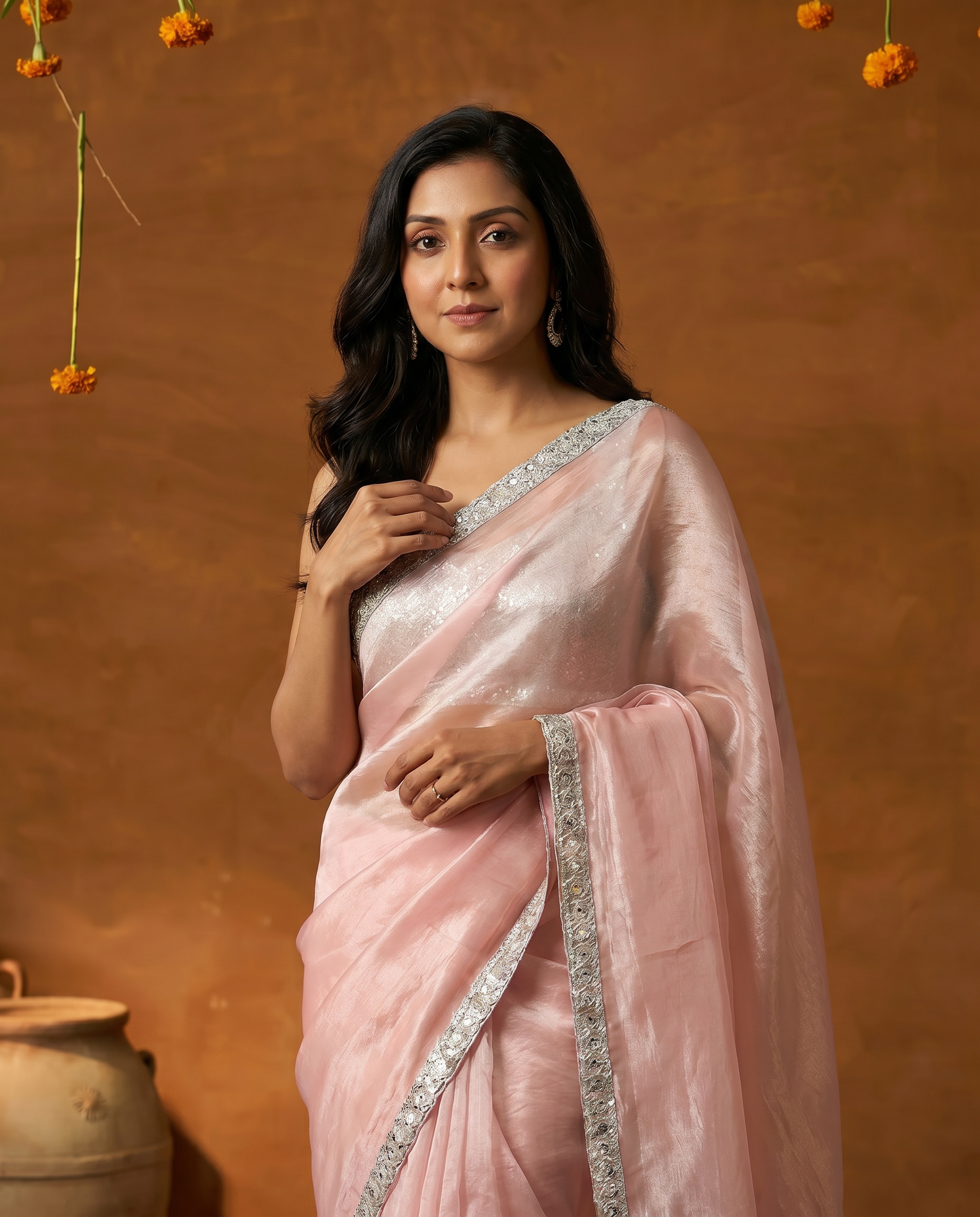 Elegant Peach Organza Pre Drapped Saree with Sequin Border - output 0 - 04 upper closeup