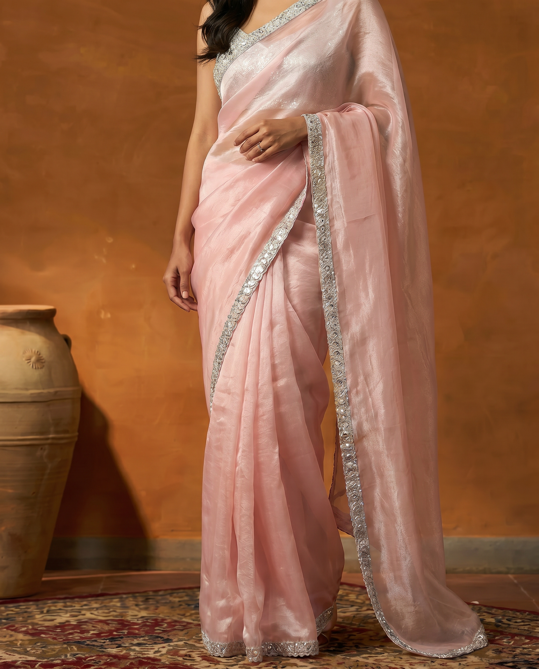 Elegant Peach Organza Pre Drapped Saree with Sequin Border - output 0 - 05 lower closeup