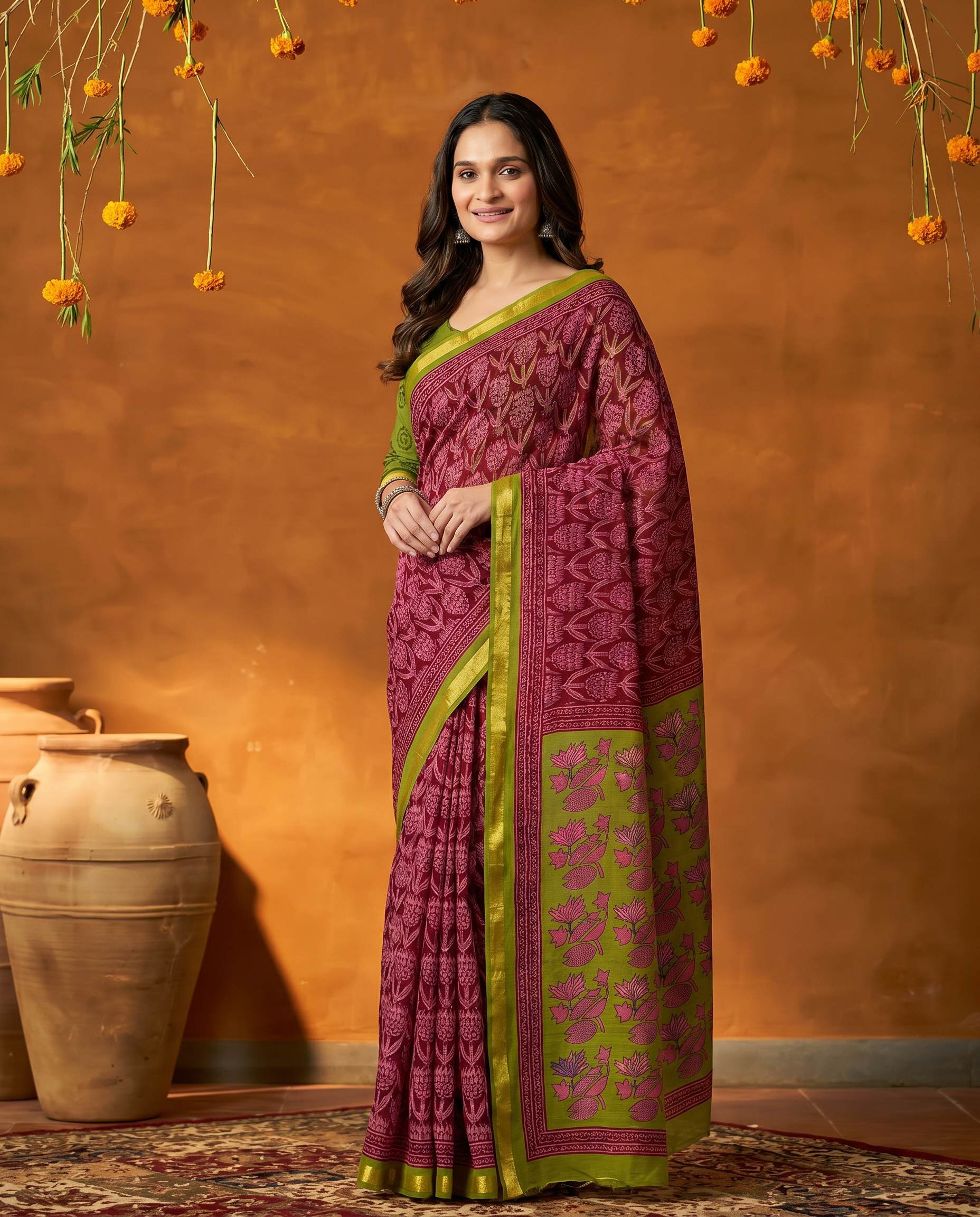 Elegant Pink & Olive Green Printed Pure Cotton Saree with Contrast Border - output 0 - 02 hero