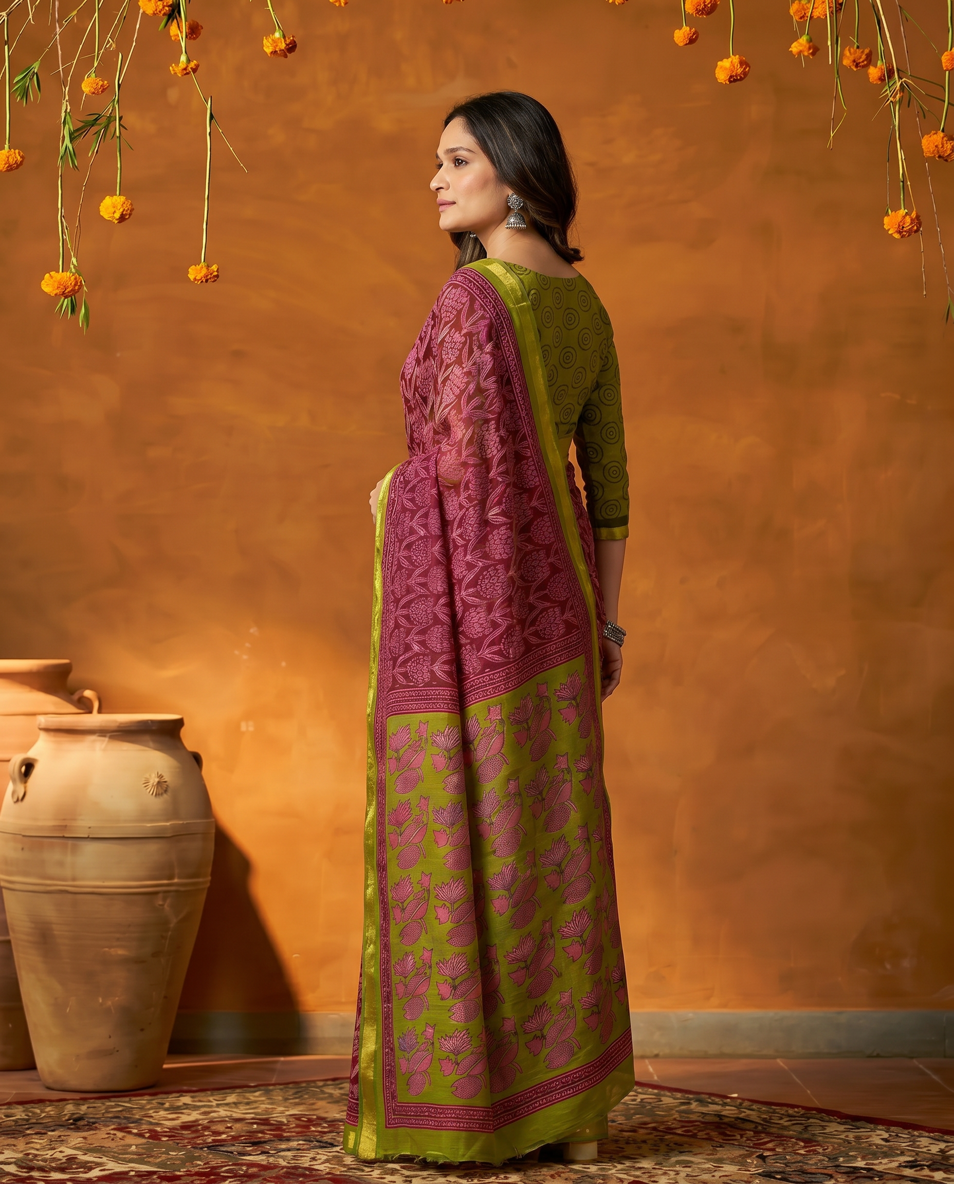 Elegant Pink & Olive Green Printed Pure Cotton Saree with Contrast Border - output 0 - 03 side