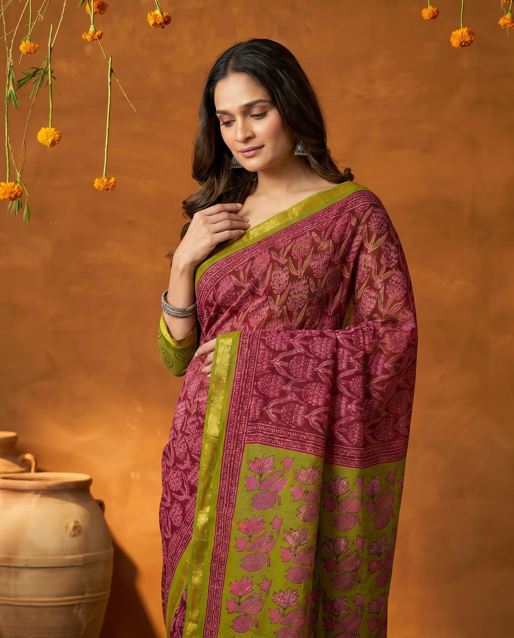 Elegant Pink & Olive Green Printed Pure Cotton Saree with Contrast Border - output 0 - 04 upper closeup