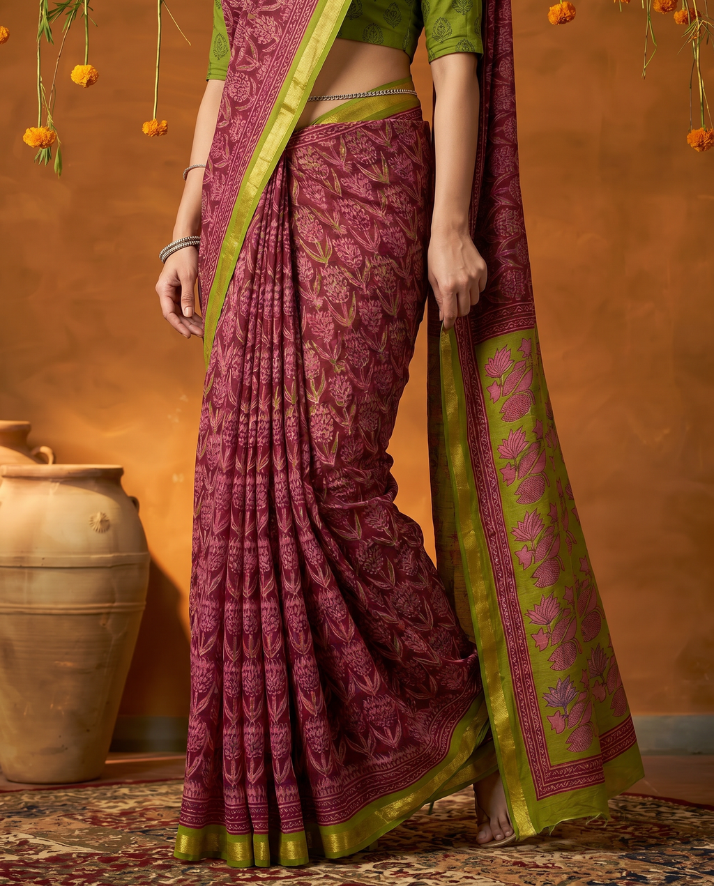 Elegant Pink & Olive Green Printed Pure Cotton Saree with Contrast Border - output 0 - 05 lower closeup