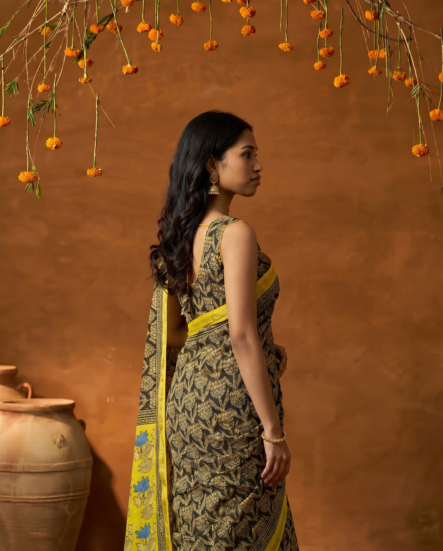 Elegant Pink & Olive Green Printed Pure Cotton Saree with Contrast Border - output 1 - 03 side