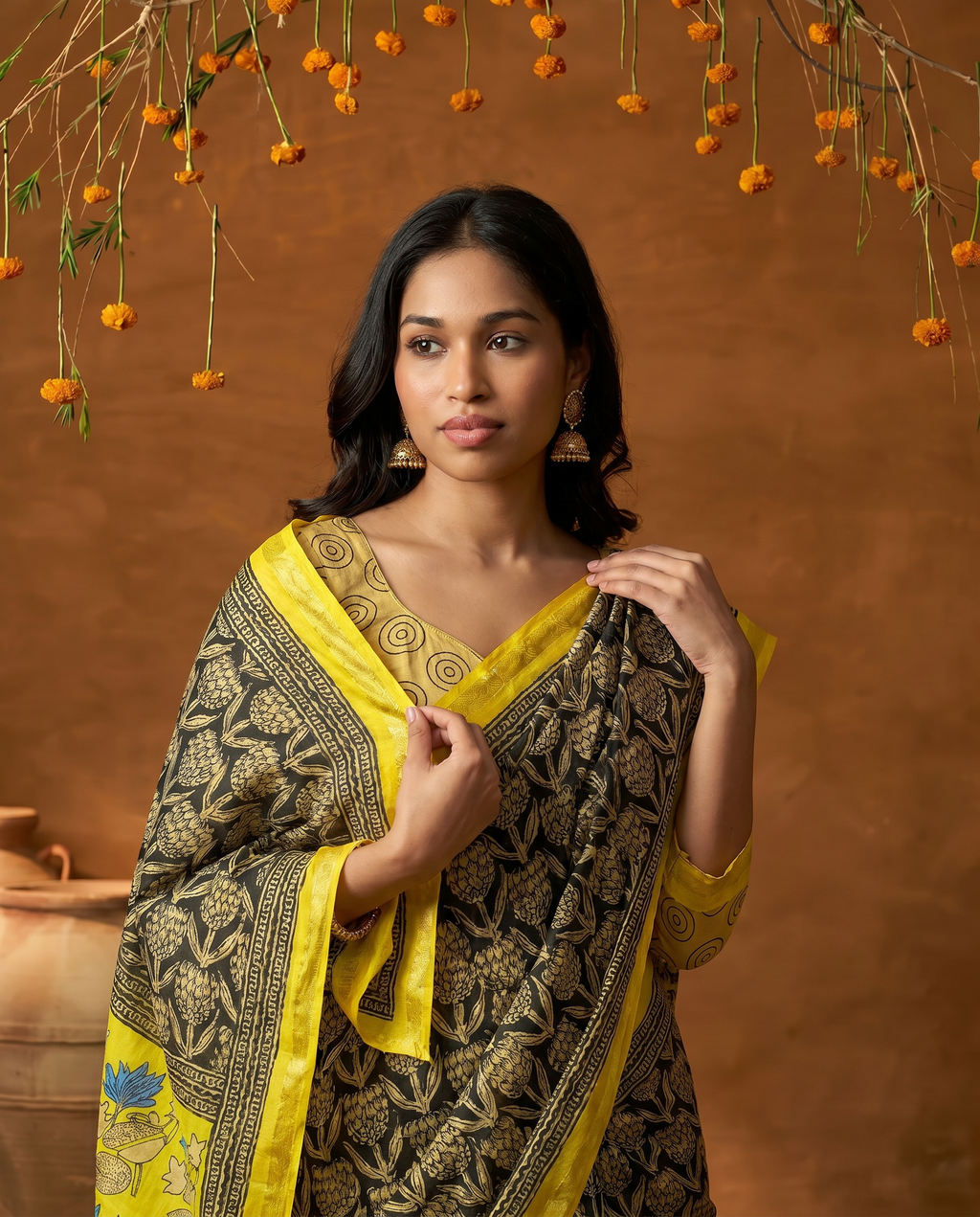 Elegant Pink & Olive Green Printed Pure Cotton Saree with Contrast Border - output 1 - 04 upper closeup