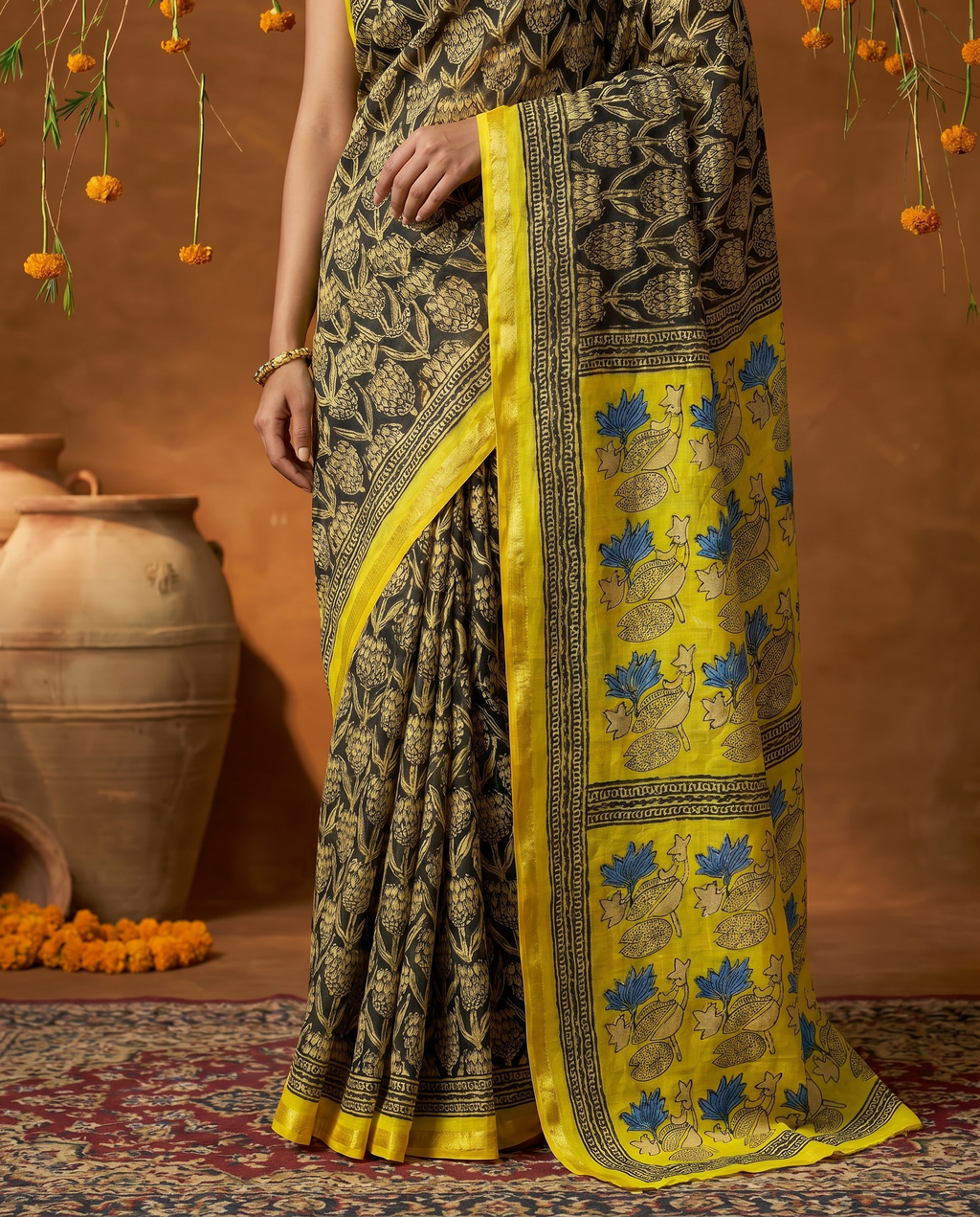 Elegant Pink & Olive Green Printed Pure Cotton Saree with Contrast Border - output 1 - 05 lower closeup